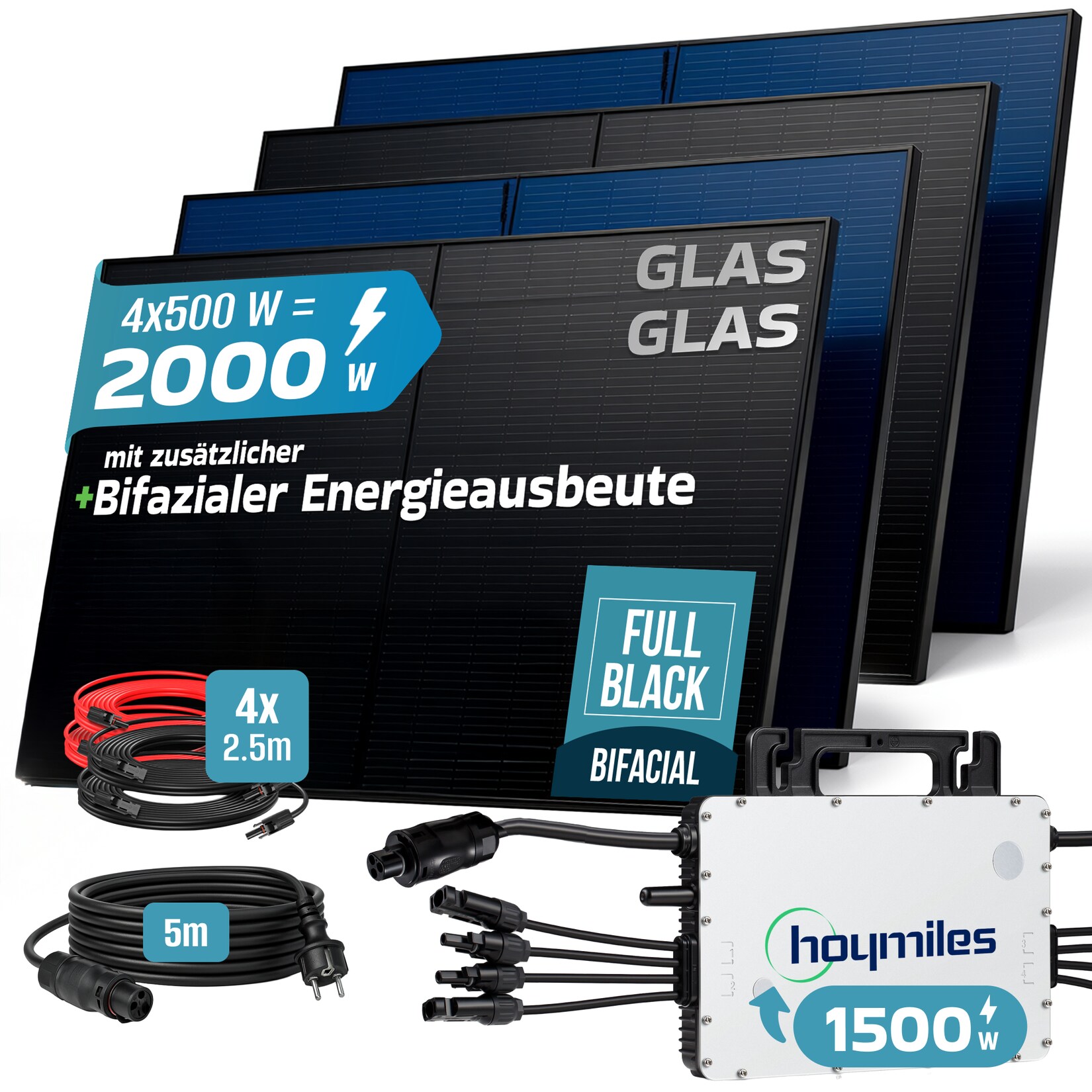 SUNNIVA® 2000W Balkonkraftwerk BIFAZIAL FULLBLACK komplett Steckdose HOYMILES 1500 Watt Wechselrichter, PV Solaranlage Komplettset, 4x 500W N-Type Glas-Glas Bifacial Solarmodule, 5m Kabel | 04255656237546