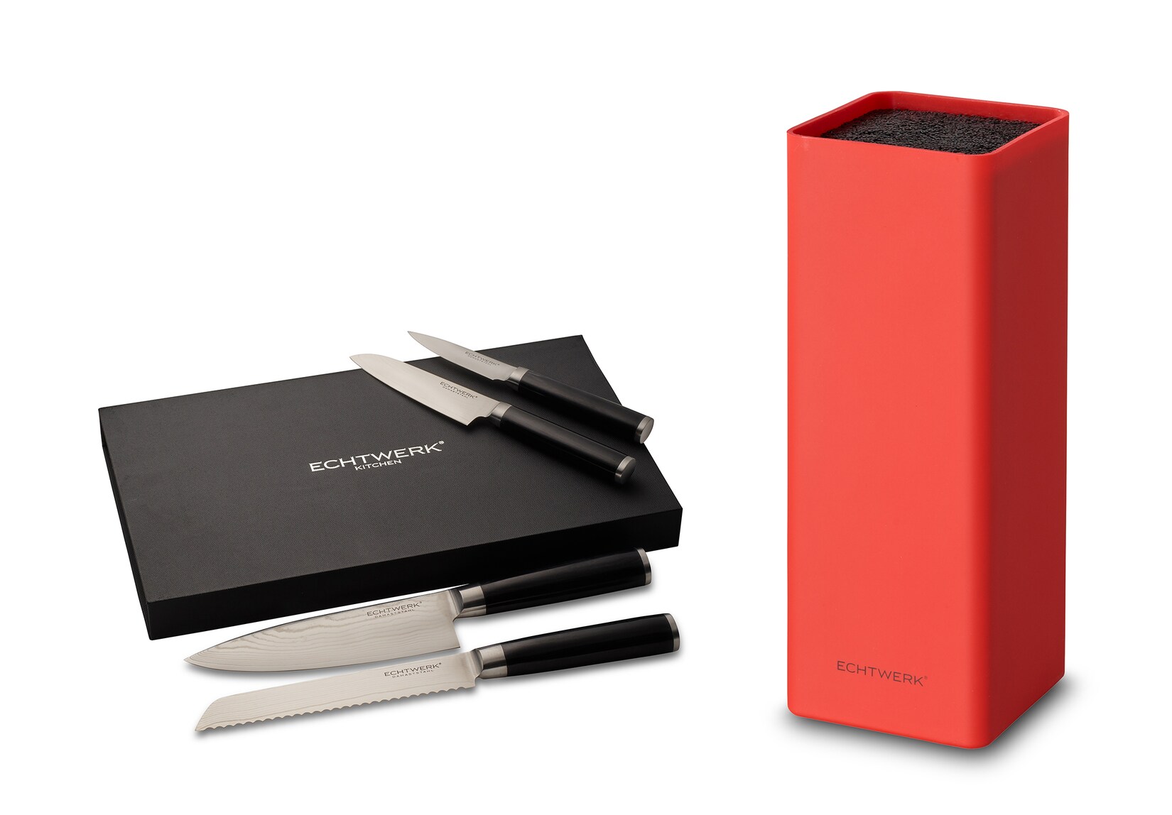 Damastmesser-Set 4tlg. inkl. Messerblock „Square“ – Rot | 04260238068975