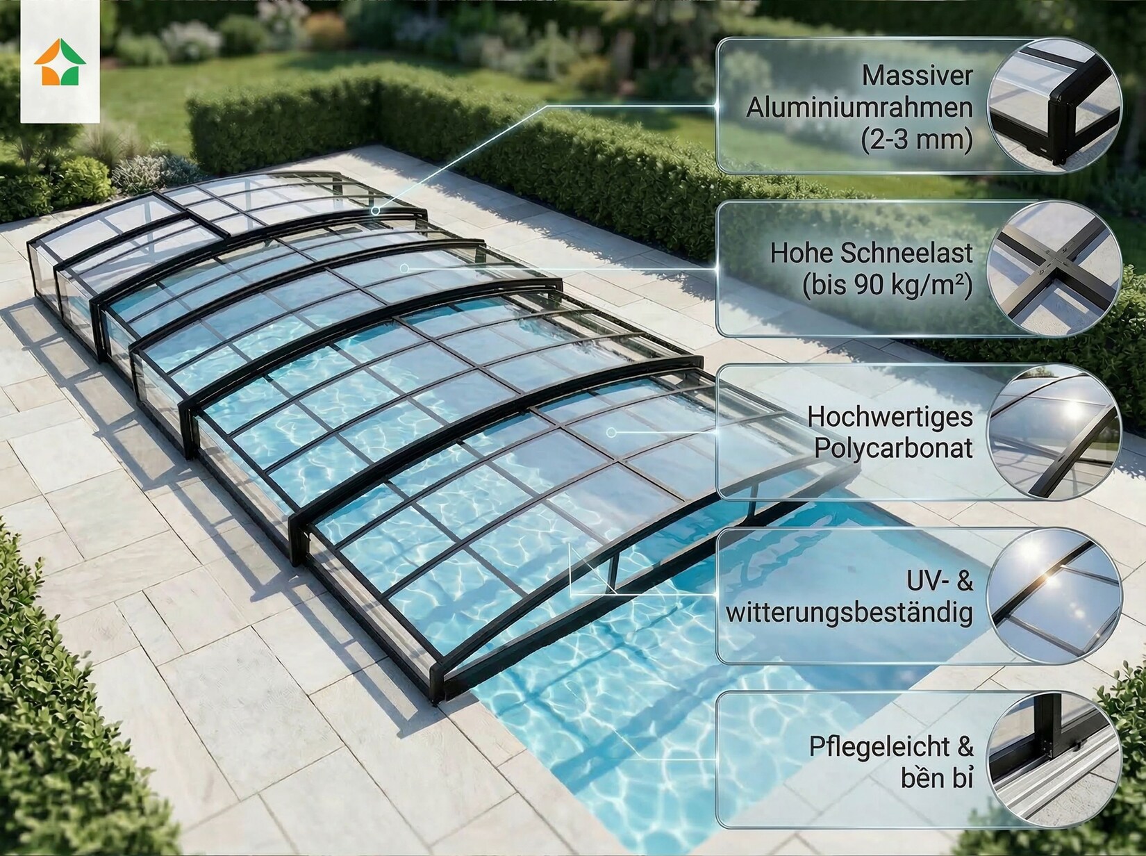 Poolüberdachung "Aqualina" aus Aluminium, ca. 8,81 x 3,26 x 0,92 m