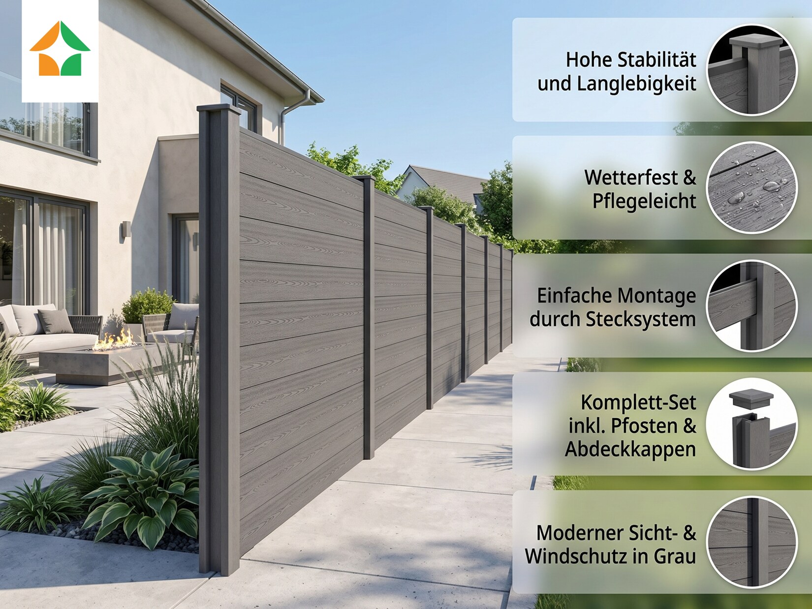 Living Outdoor WPC Sichtschutzzaun Caracas - 5 Zaunelemente + 6 Pfosten - Grau