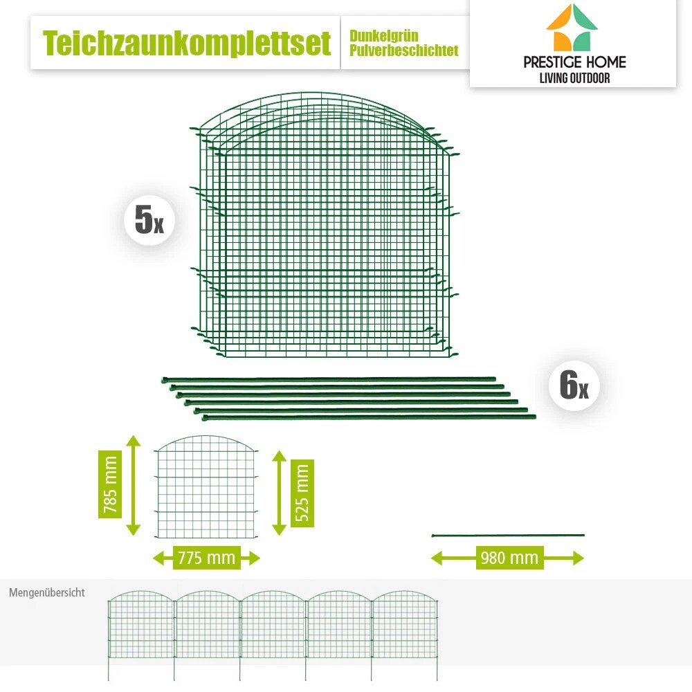 11tlg. Teichzaun Oberbogen, ca. 390 x 78,5 cm – Dunkelgrün | 04260672260096