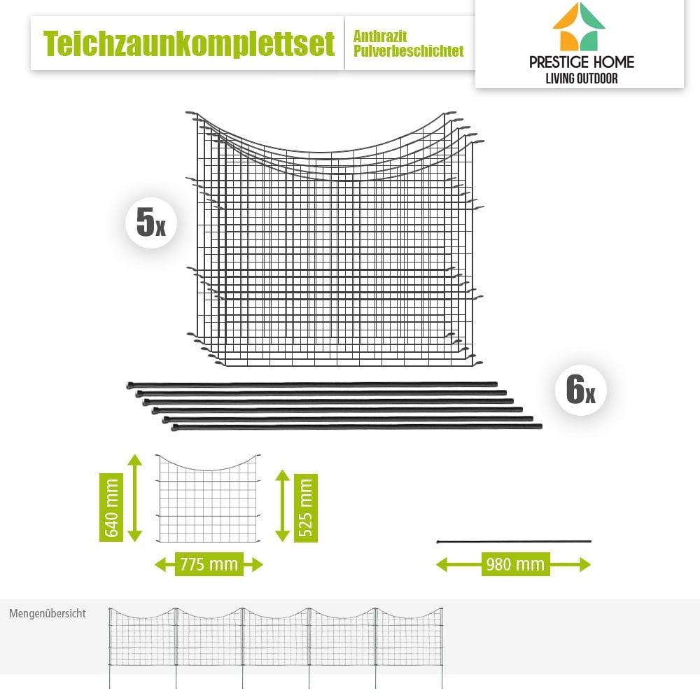 11tlg. Teichzaun Unterbogen, ca. 390 x 52,5 cm - Anthrazit - Bild 1