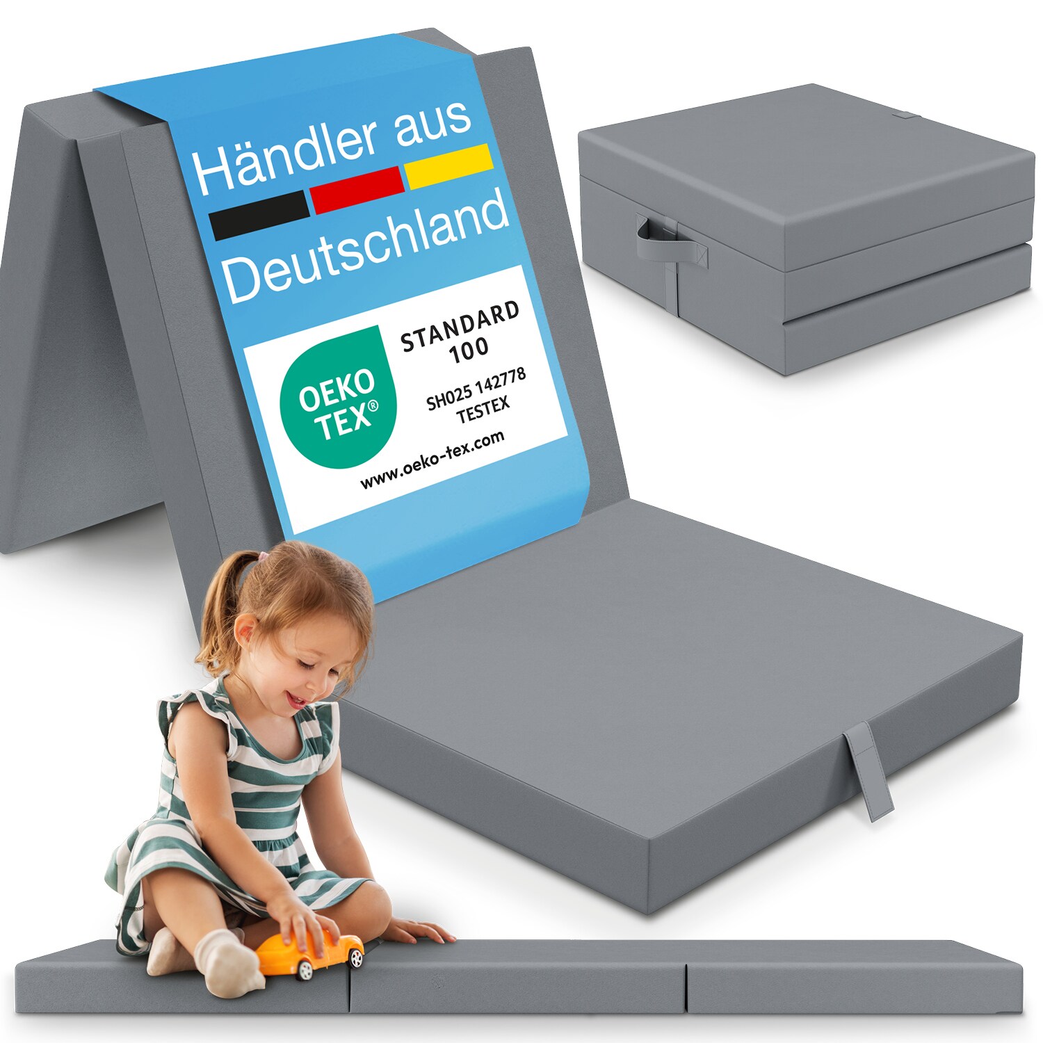 ELONEO Klappmatratze 65x195 cm, 9 cm hoch, Grau, Klappmatratze Kinder faltbar, klappbare G&auml;stematratze, Faltbare Matratze, Reisematratze f&uuml;r Kinder und Erwachsene f&uuml;r Reisen und Camping - Bild 1