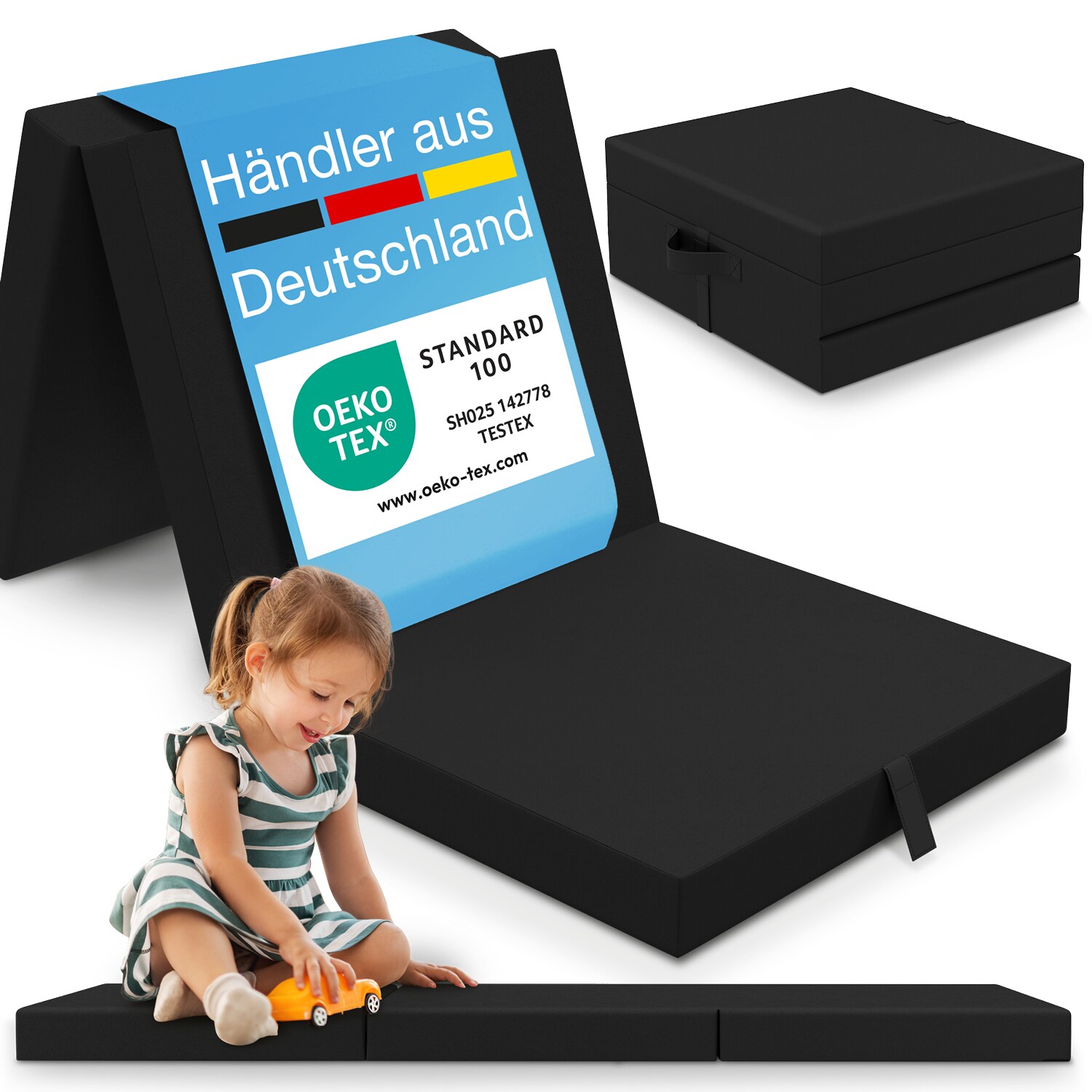 ELONEO Klappmatratze 65x195 cm, 9 cm hoch, Schwarz, Klappmatratze Kinder faltbar, klappbare G&auml;stematratze - Bild 1