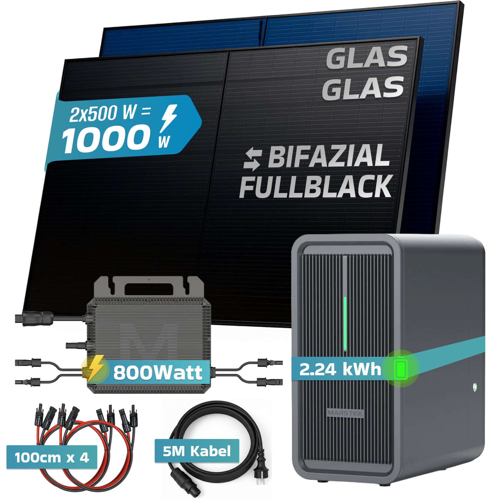 SUNNIVA® 1000W Balkonkraftwerk mit 2,24 kWh Speicher MARSTEK B2500-D, BIFAZIAL FULLBLACK komplett Steckdose, PV Solaranlage Komplettset mit Solarspeicher, 2x 500W N-Type Glas-Glas Bifacial Module | 04255656237348