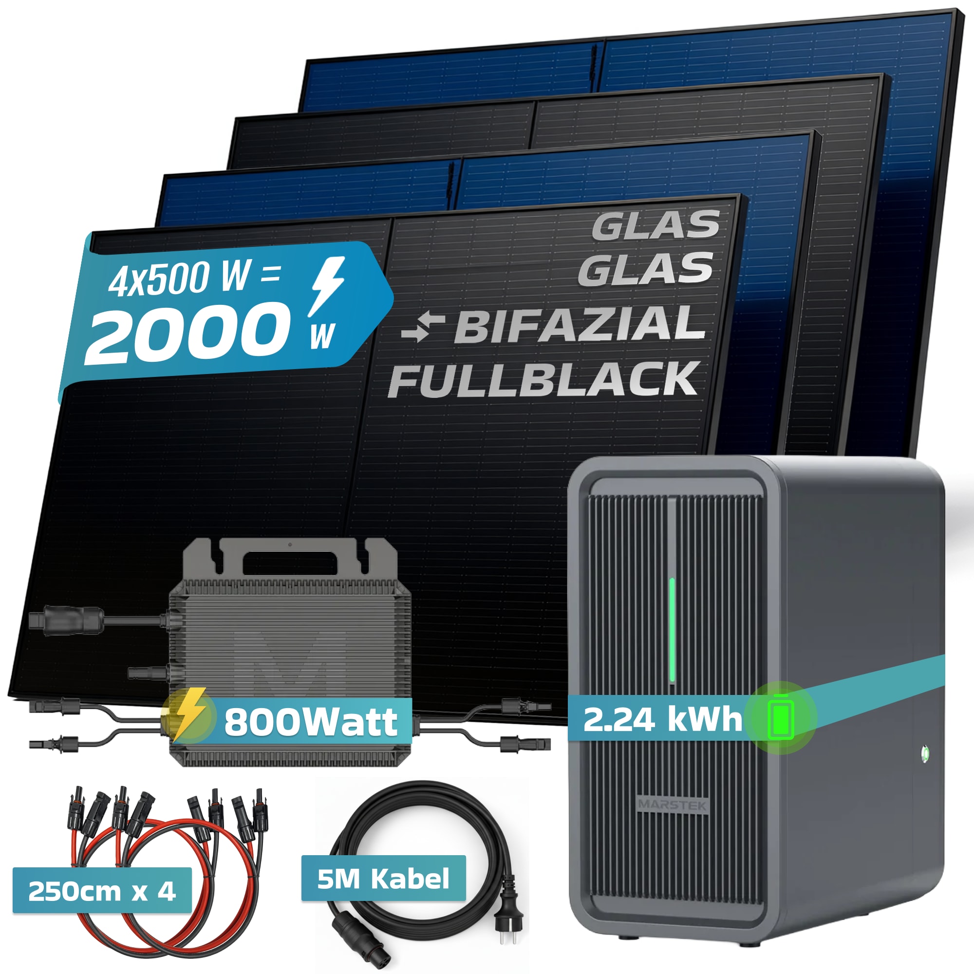 SUNNIVA&reg; 2000W Balkonkraftwerk mit 2,24 kWh Speicher MARSTEK B2500-D, BIFAZIAL FULLBLACK komplett Steckdose, PV Solaranlage Komplettset mit Solarspeicher, 4x 500W N-Type Glas-Glas Bifacial Module - Bild 1