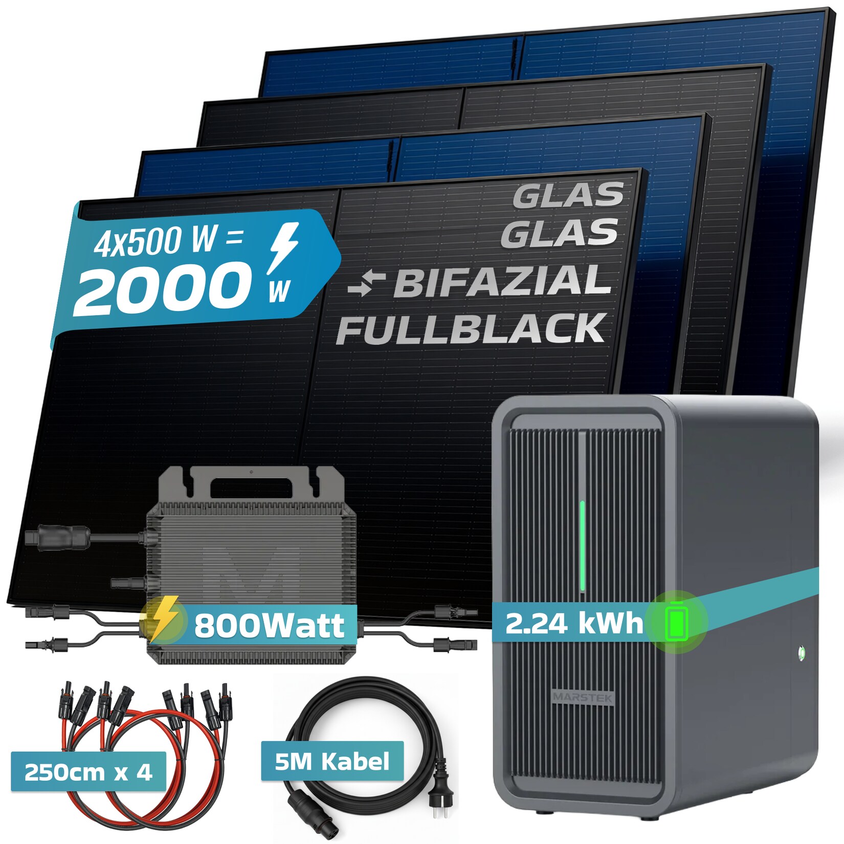 SUNNIVA® 2000W Balkonkraftwerk mit 2,24 kWh Speicher MARSTEK B2500-D, BIFAZIAL FULLBLACK komplett Steckdose, PV Solaranlage Komplettset mit Solarspeicher, 4x 500W N-Type Glas-Glas Bifacial Module | 04255656237355