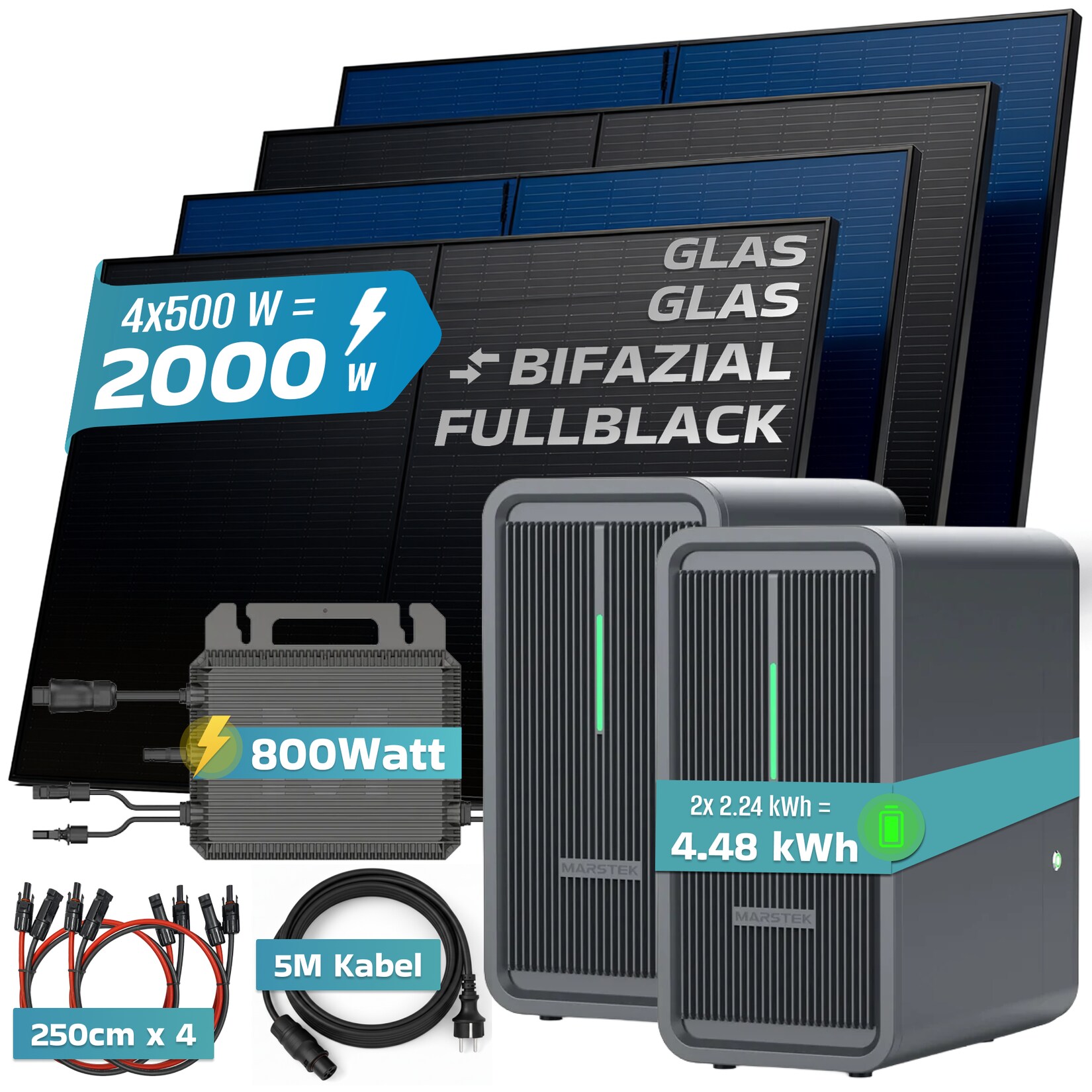 SUNNIVA® 2000W Balkonkraftwerk mit 4.48 kWh Speicher MARSTEK 2x B2500-D, BIFAZIAL FULLBLACK komplett Steckdose, PV Solaranlage Komplettset mit Solarspeicher, 4x 500W N-Type Glas-Glas Bifacial Module | 04255656237362