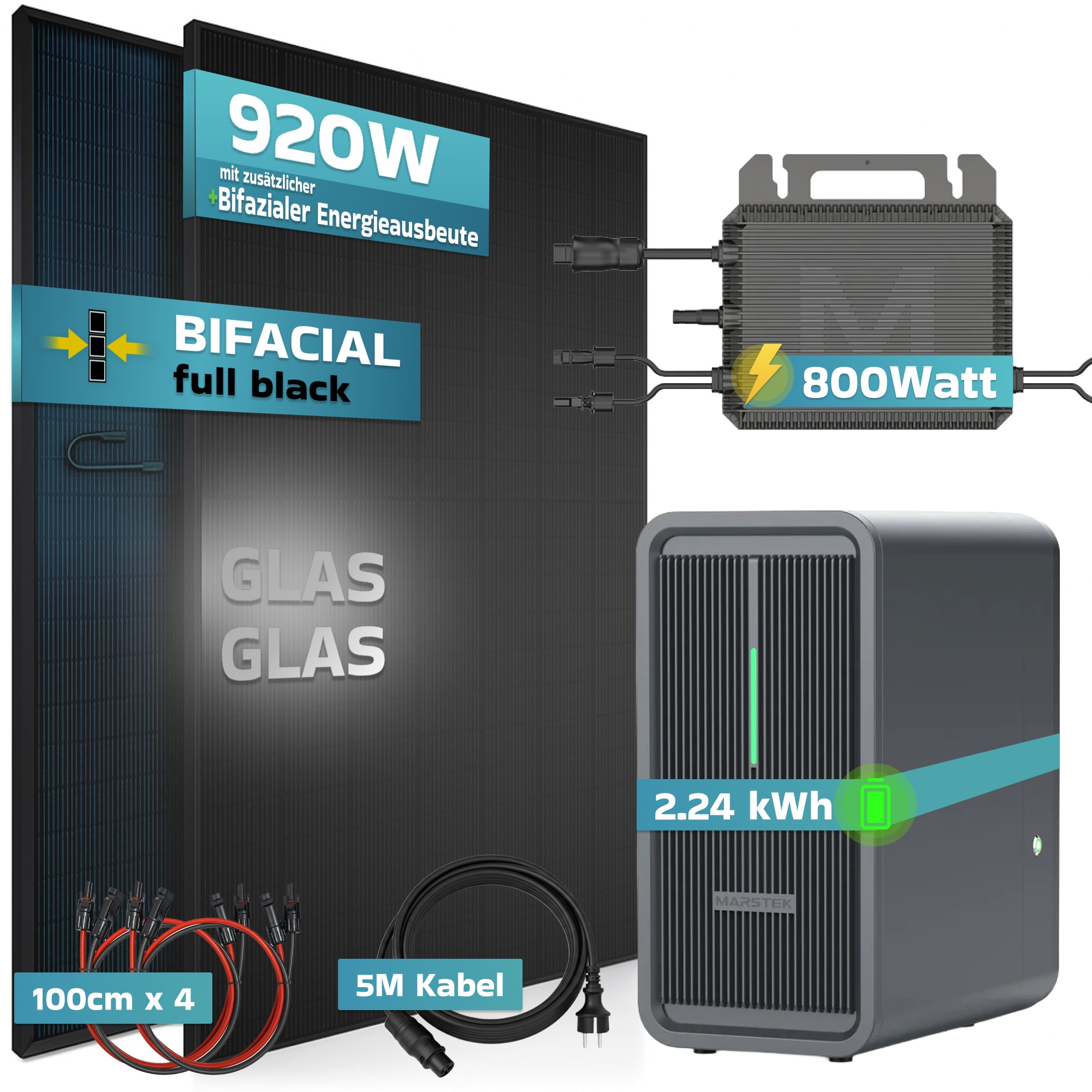 SUNNIVA&reg; 920W Balkonkraftwerk mit 2,24 kWh Speicher Marstek B2500-D, BIFAZIAL FULLBLACK komplett Steckdose, PV Solaranlage Komplettset mit Solarspeicher, 2x 460W N-Type Glas-Glas Bifacial Module - Bild 1