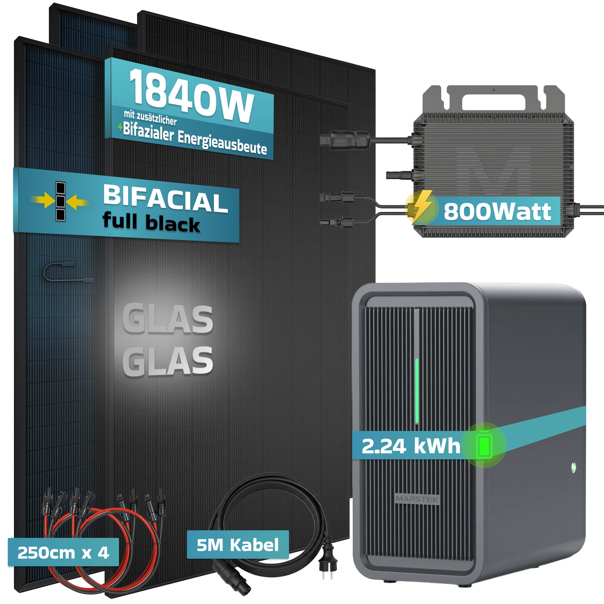 SUNNIVA&reg; 1840W Balkonkraftwerk mit 2,24 kWh Speicher Marstek B2500-D, BIFAZIAL FULLBLACK komplett Steckdose, PV Solaranlage Komplettset mit Solarspeicher, 4x 460W N-Type Glas-Glas Bifacial Module - Bild 1
