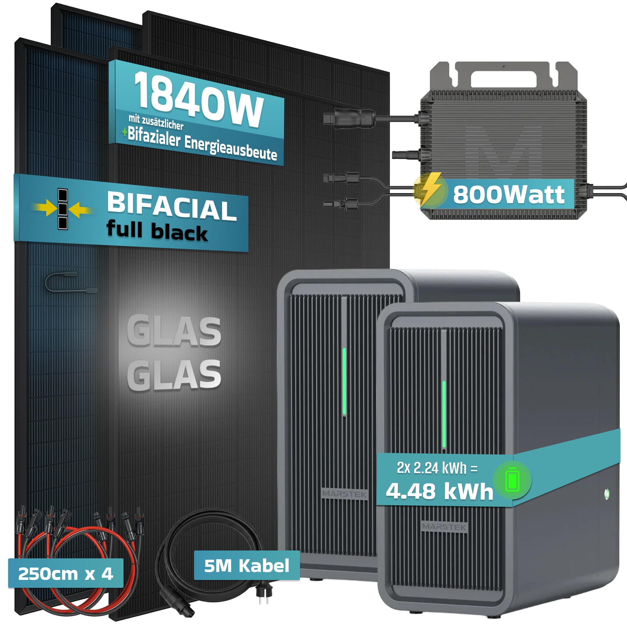 SUNNIVA&reg; 1840W Balkonkraftwerk mit 4.48 kWh Speicher Marstek 2x B2500-D, BIFAZIAL FULLBLACK komplett Steckdose, PV Solaranlage Komplettset mit Solarspeicher, 4x 460W N-Type Glas-Glas Bifacial Module - Bild 1