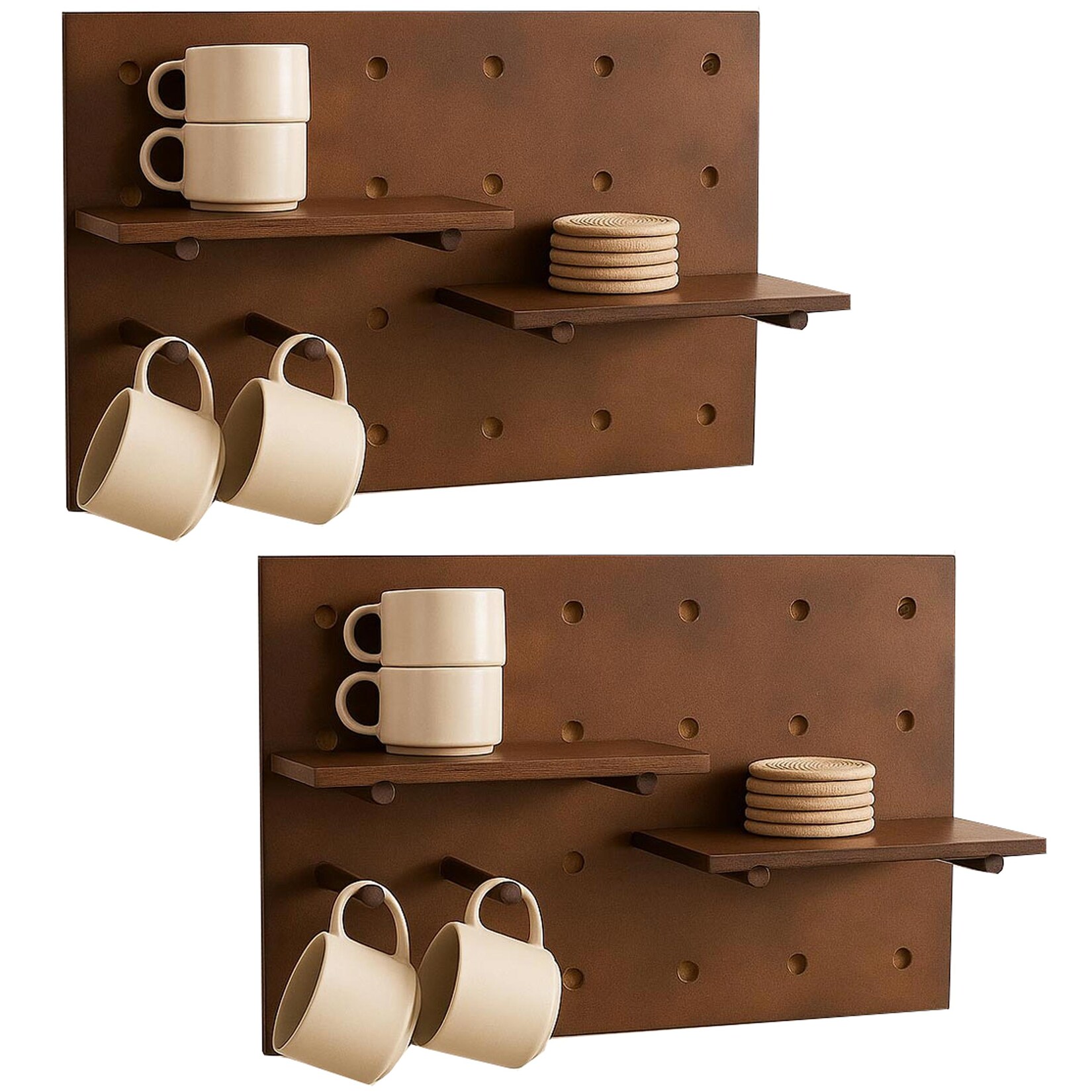 2er-Set Wandpaneel MCW-P24, Wanddekoration Wandregal Steckboard, 4 Ebenen Aufhängung 60x40cm MVG ~ braun