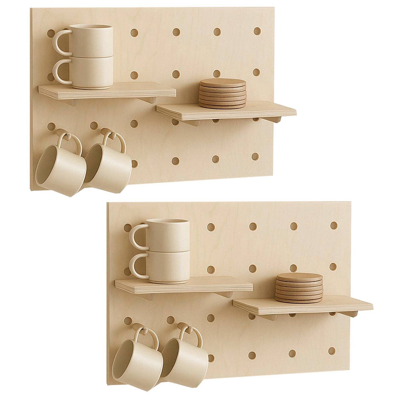 2er-Set Wandpaneel MCW-P24, Wanddekoration Wandregal Steckboard, 4 Ebenen Aufhängung 60x40cm MVG ~ naturfarben
