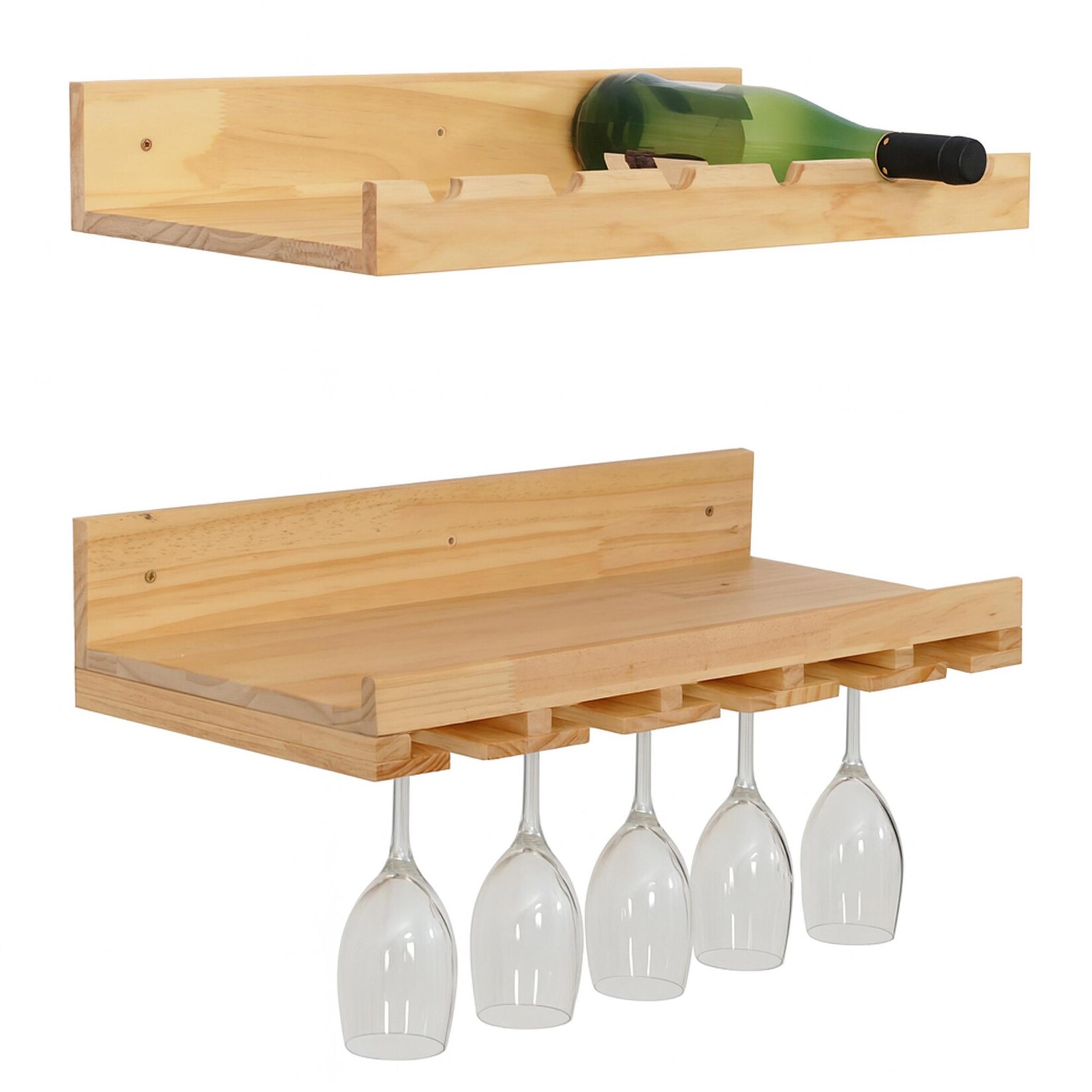 2er-Set Weinregal MCW-P22, Glas-/Flaschenhalter Wandbar für 6 Flaschen/15 Gläser Holz MVG-zertifiziert 61x28cm ~ natur