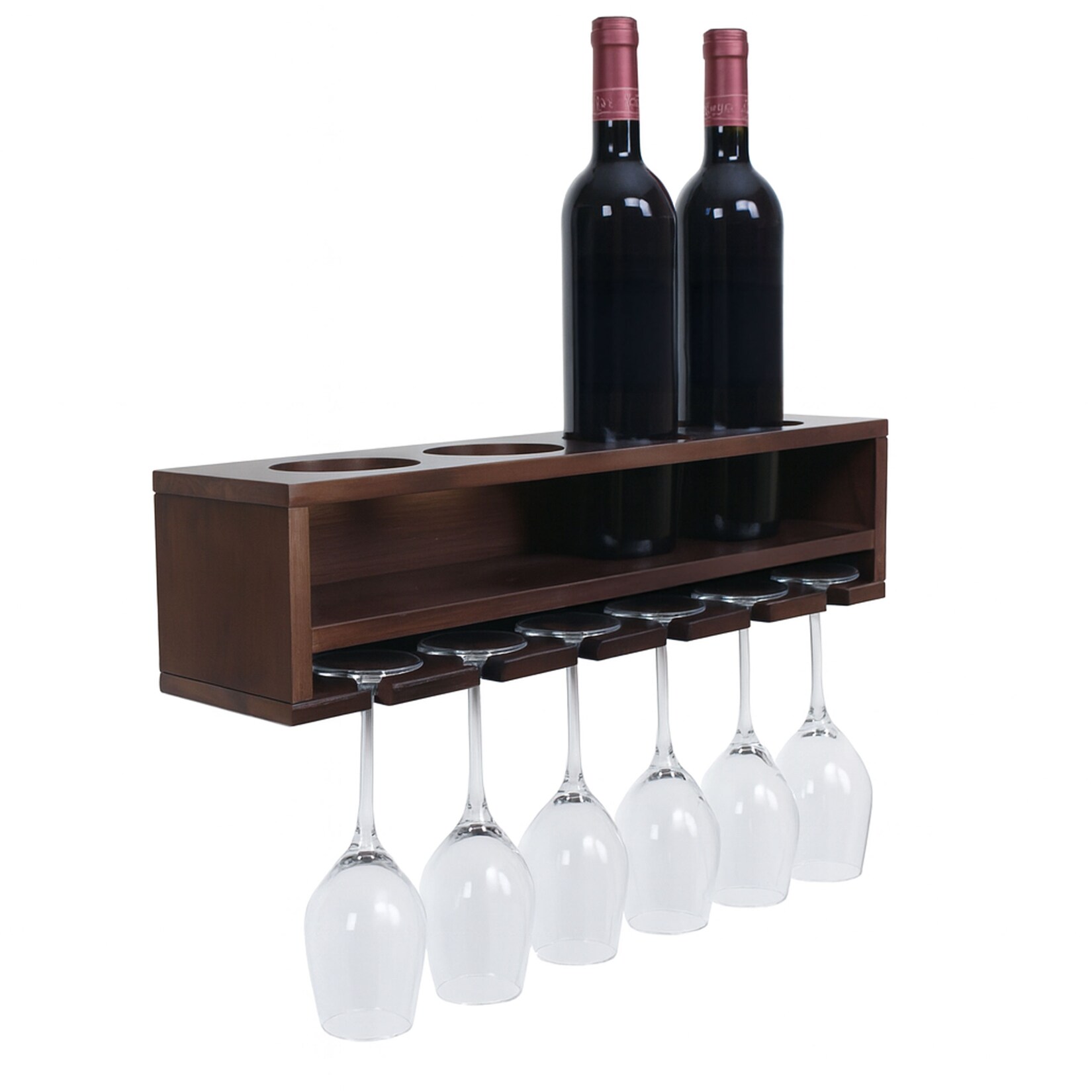 Weinregal MCW-P21, Glas-/Flaschenhalter Wandbar Regal für 4 Flaschen/6 Gläser Holz MVG-zertifiziert 12x48x12cm ~ braun