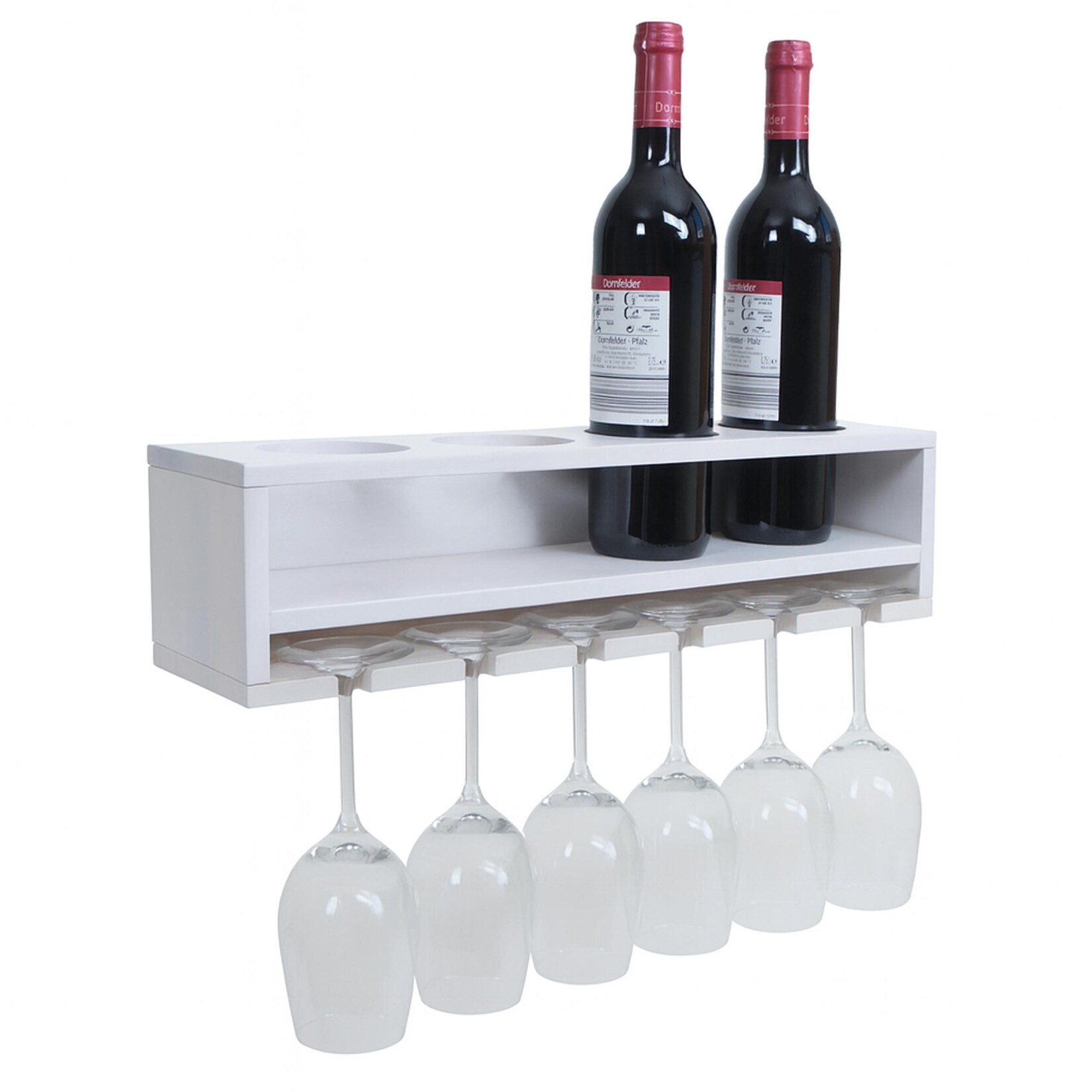 Weinregal MCW-P21, Glas-/Flaschenhalter Wandbar Regal für 4 Flaschen/6 Gläser Holz MVG-zertifiziert 12x48x12cm ~ weiß | 04057651799582