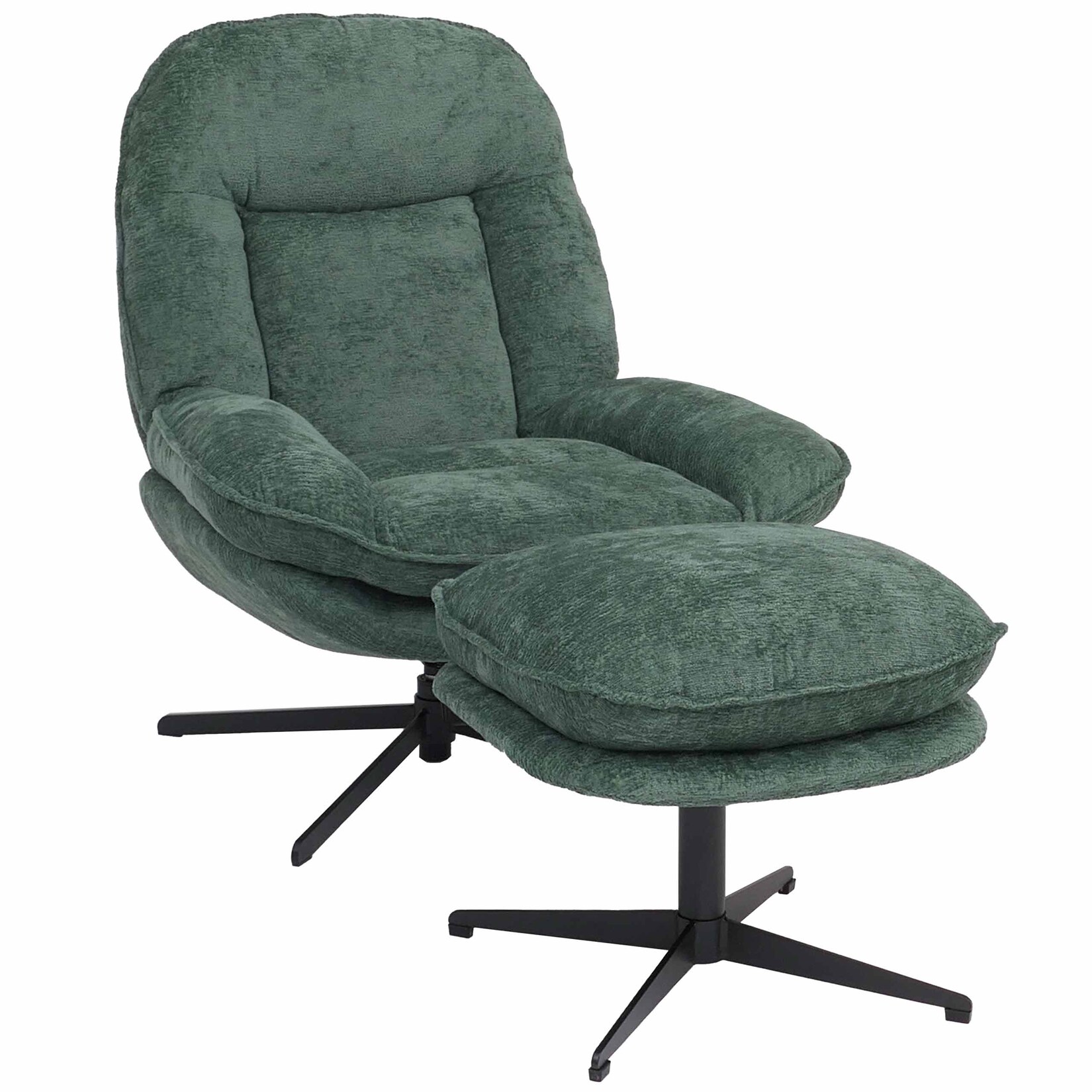 Relaxsessel mit Hocker MCW-P32, Fernsehsessel Nosagfederung, drehbar Metall Stoff/Textil Chenille (370 g/m²) ~ grün | 04057651802466
