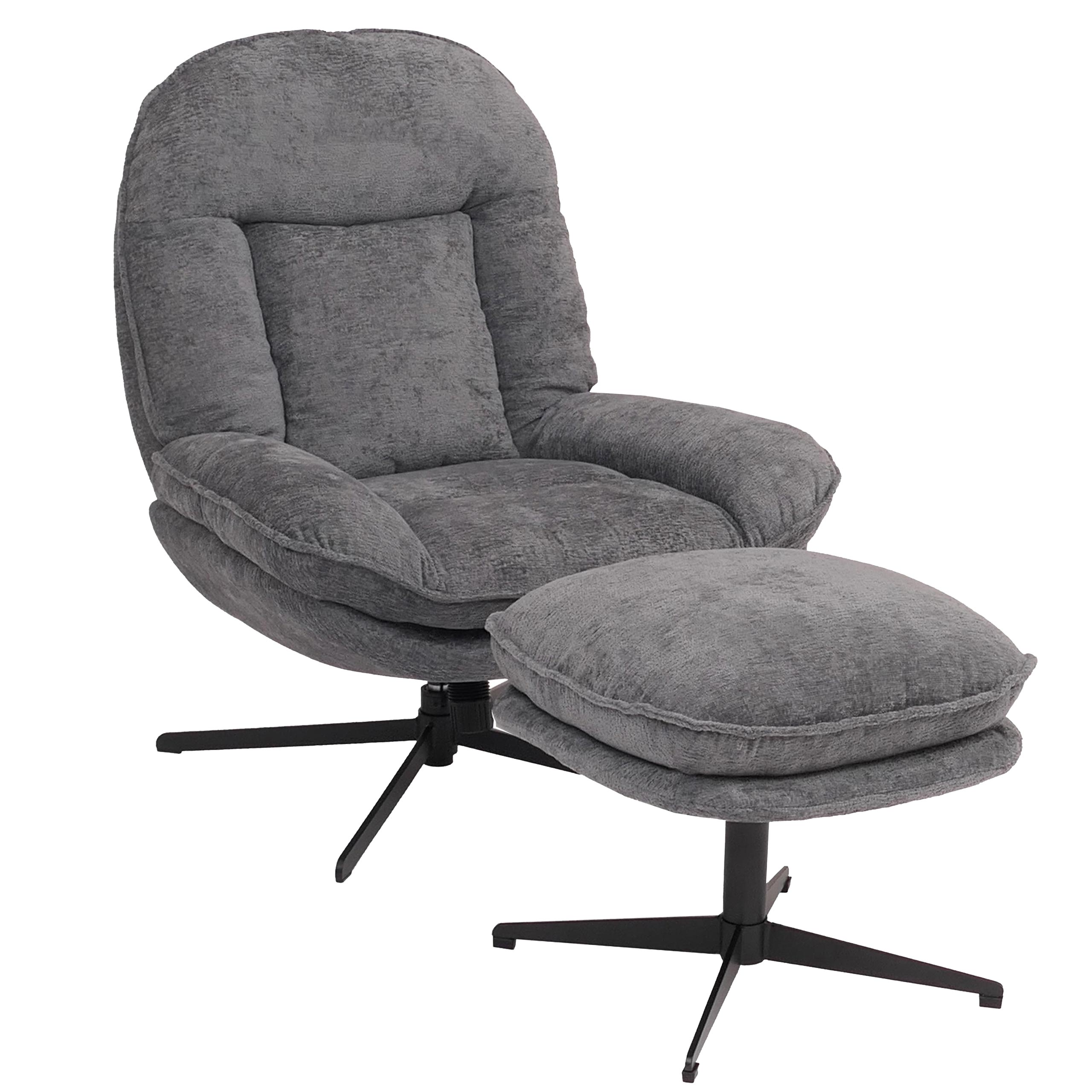 Relaxsessel mit Hocker MCW-P32, Fernsehsessel Nosagfederung, drehbar Metall Stoff/Textil Chenille (370 g/m&sup2;) ~ grau - Bild 1