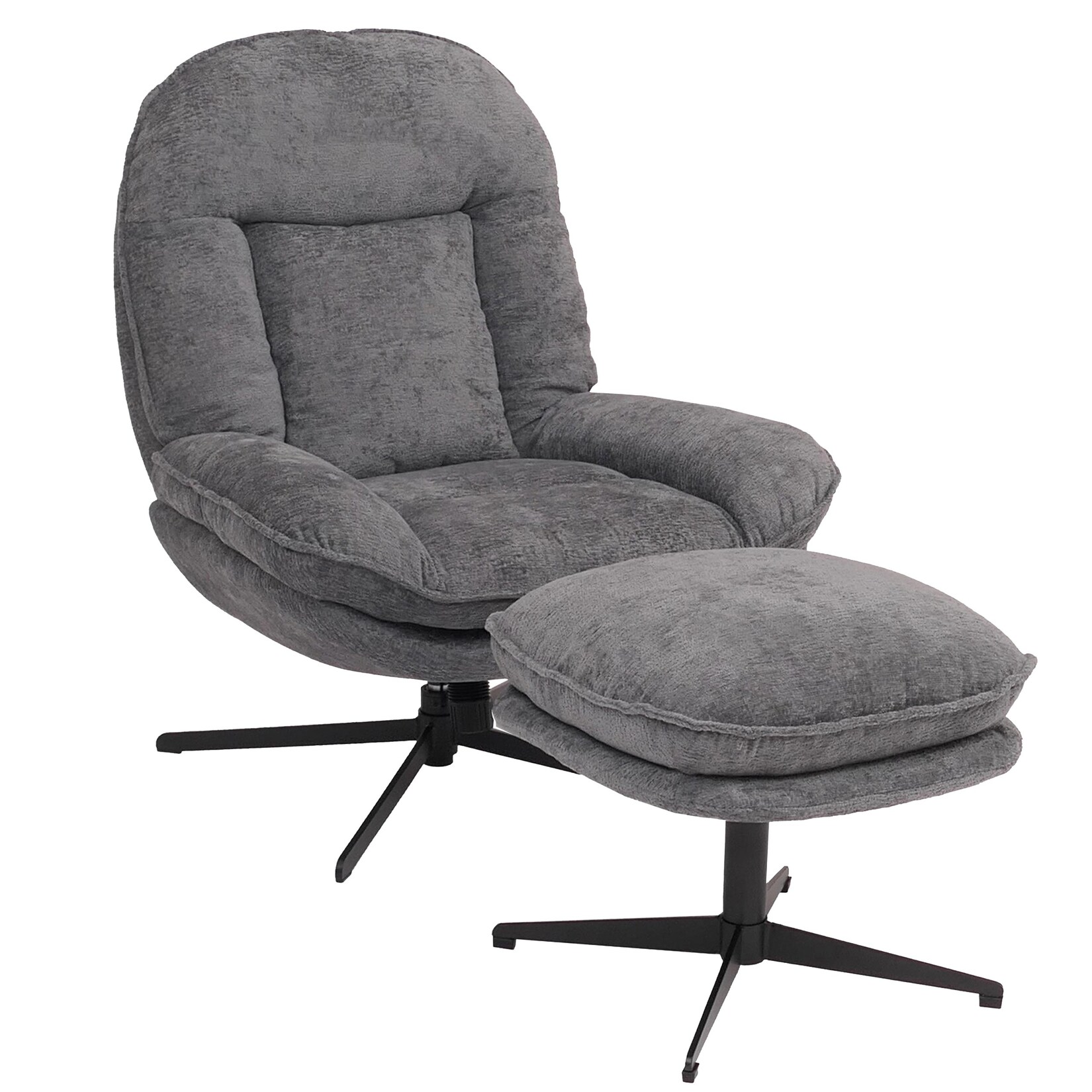 Relaxsessel mit Hocker MCW-P32, Fernsehsessel Nosagfederung, drehbar Metall Stoff/Textil Chenille (370 g/m²) ~ grau