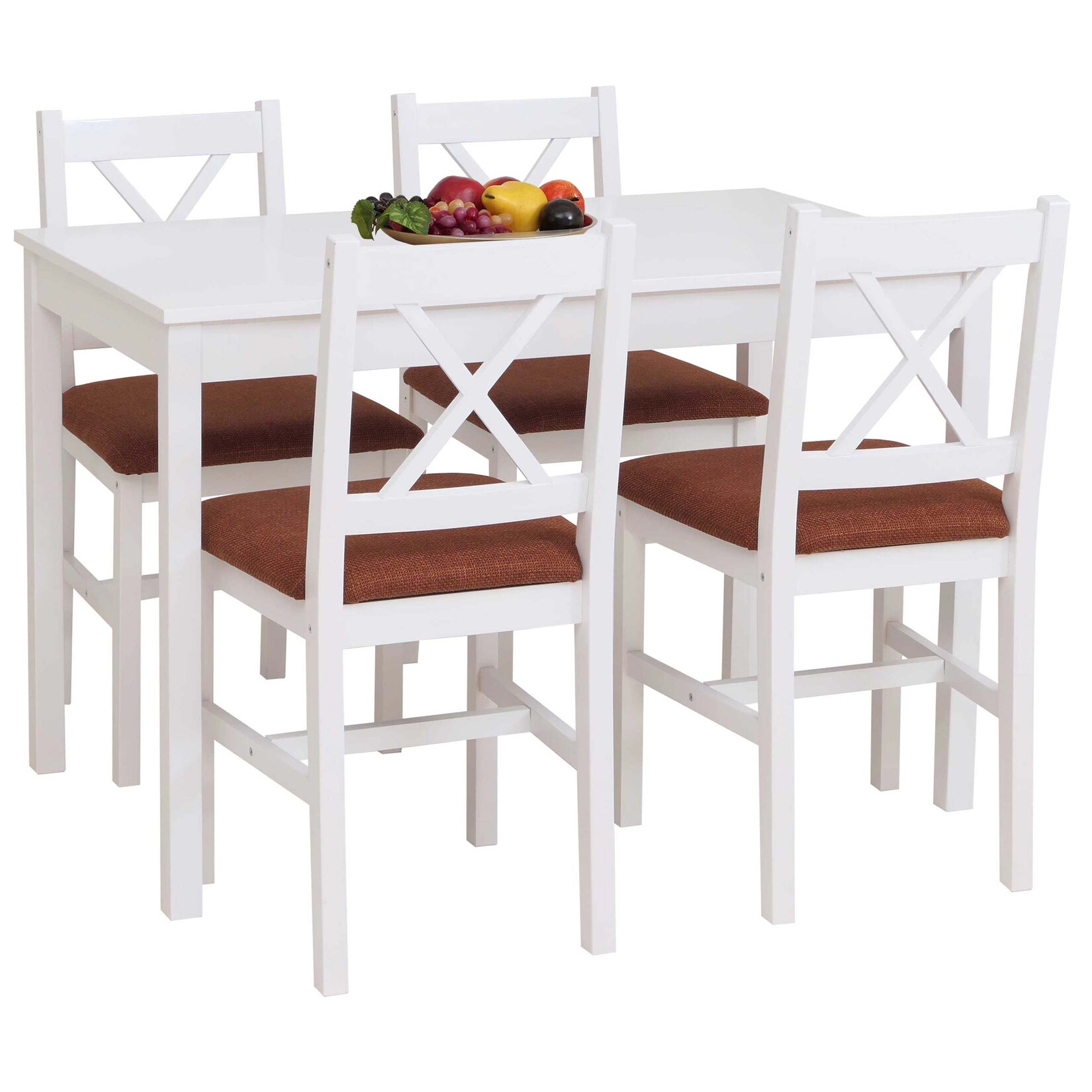 Esszimmer-Set MCW-F77, Sitzgruppe Esszimmergruppe, Massiv-Holz Kiefer Stoff Landhaus 110cm ~ weiß Polster terrakotta | 04057651800813