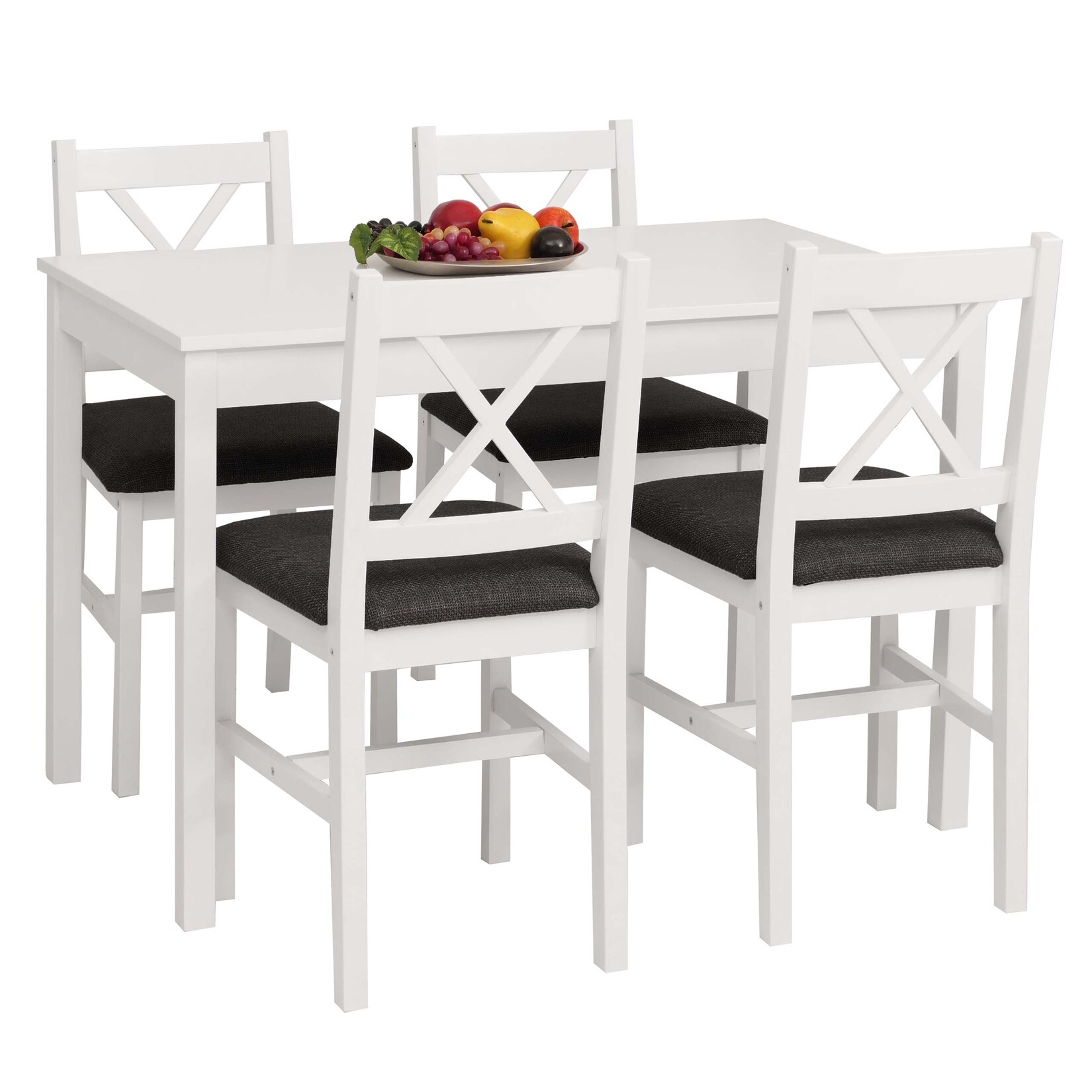 Esszimmer-Set MCW-F77, Sitzgruppe Esszimmergruppe, Massiv-Holz Kiefer Stoff Landhaus 110cm ~ weiß Polster schwarz
