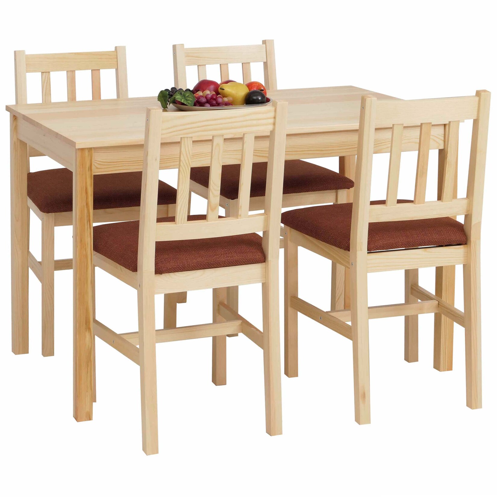Esszimmer-Set MCW-F77, Sitzgruppe Esszimmergruppe, Massiv-Holz Kiefer Stoff Landhaus 110cm ~ natur Polster terrakotta