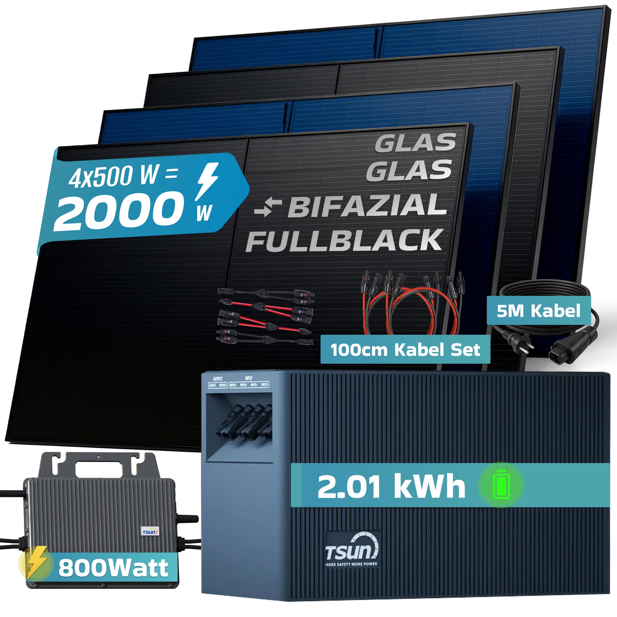 SUNNIVA&reg; 2000W Balkonkraftwerk mit 2,01 kWh Speicher TSUN SOLARCAN TSOL-DCU2000Lite, BIFAZIAL FULLBLACK komplett Steckdose, PV Solaranlage Komplettset mit Solarspeicher, 4x 500W Glas-Glas Bifacial - Bild 1