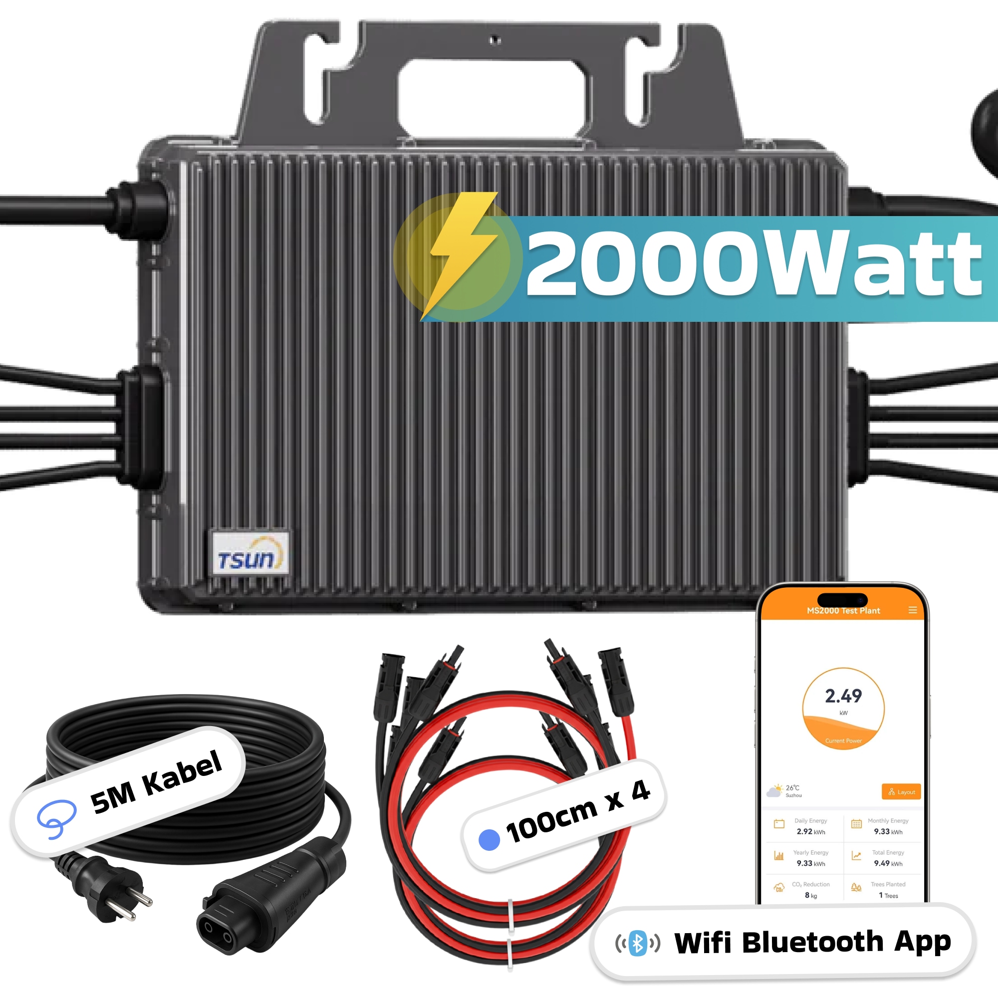 TSUN Mikro-Wechselrichter 2000W TSOL-MS2000 f&uuml;r Balkonkraftwerk, IP67 wetterfest, 4 MPPT, Bluetooth & WIFI, inkl. 5m Anschlusskabel & 4x 1 m Solar-Verl&auml;ngerungen, Micro Inverter - Bild 1