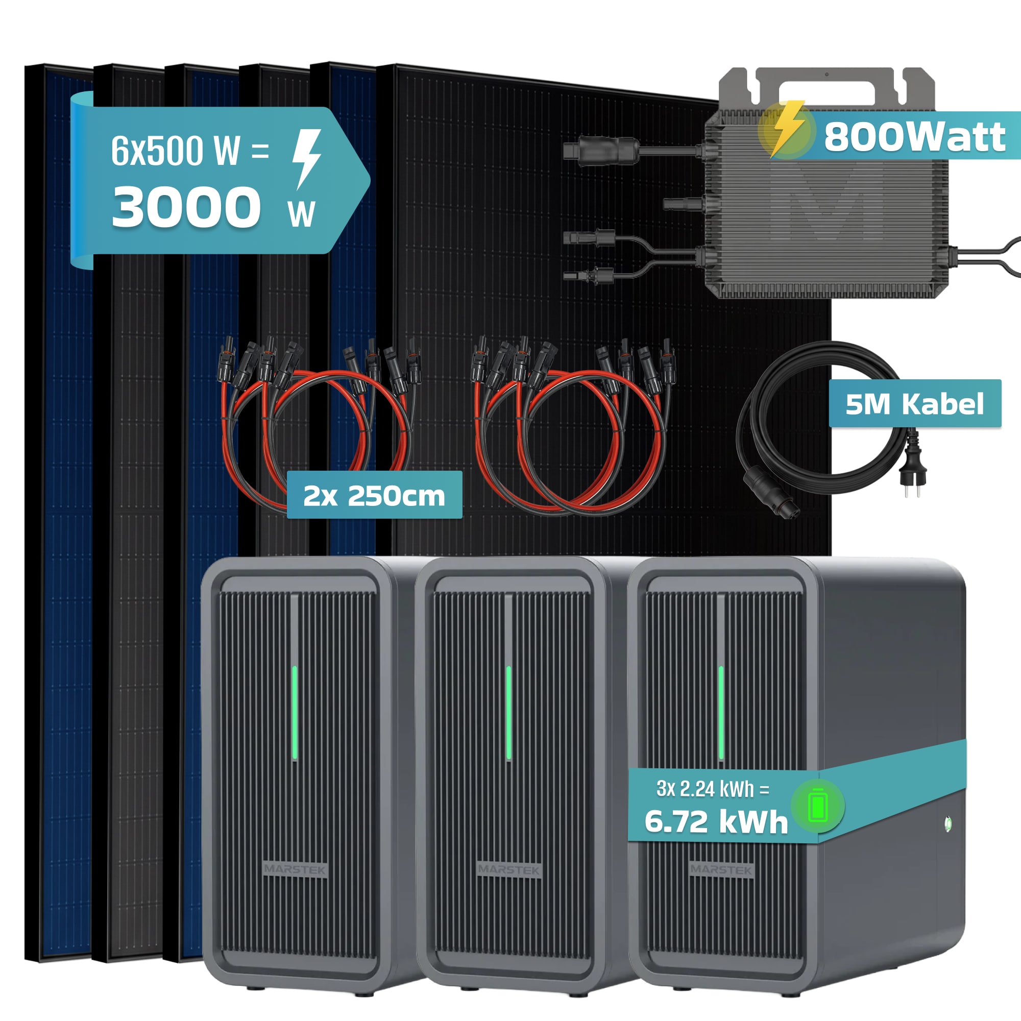 SUNNIVA&reg; 3000W Balkonkraftwerk mit 6,72 kWh Speicher MARSTEK 3x B2500-D, BIFAZIAL FULLBLACK komplett Steckdose, PV Solaranlage Komplettset mit Solarspeicher, 6x 500W N-Type Glas-Glas Bifacial Module - Bild 1