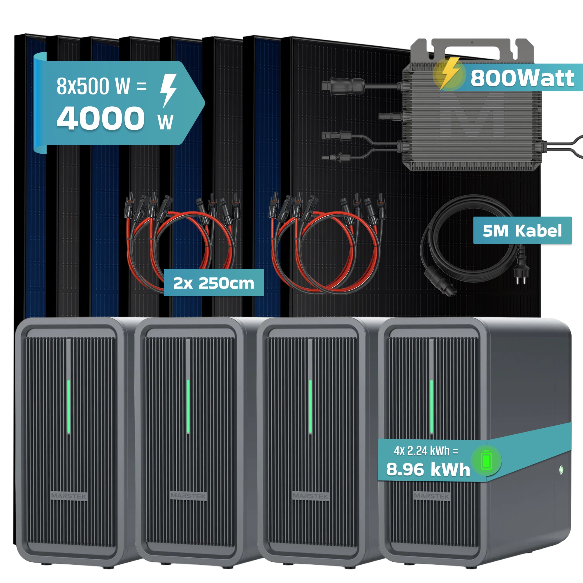 SUNNIVA&reg; 4000W Balkonkraftwerk mit 8,96 kWh Speicher MARSTEK 4x B2500-D, BIFAZIAL FULLBLACK komplett Steckdose, PV Solaranlage Komplettset mit Solarspeicher, 8x 500W N-Type Glas-Glas Bifacial Module - Bild 1
