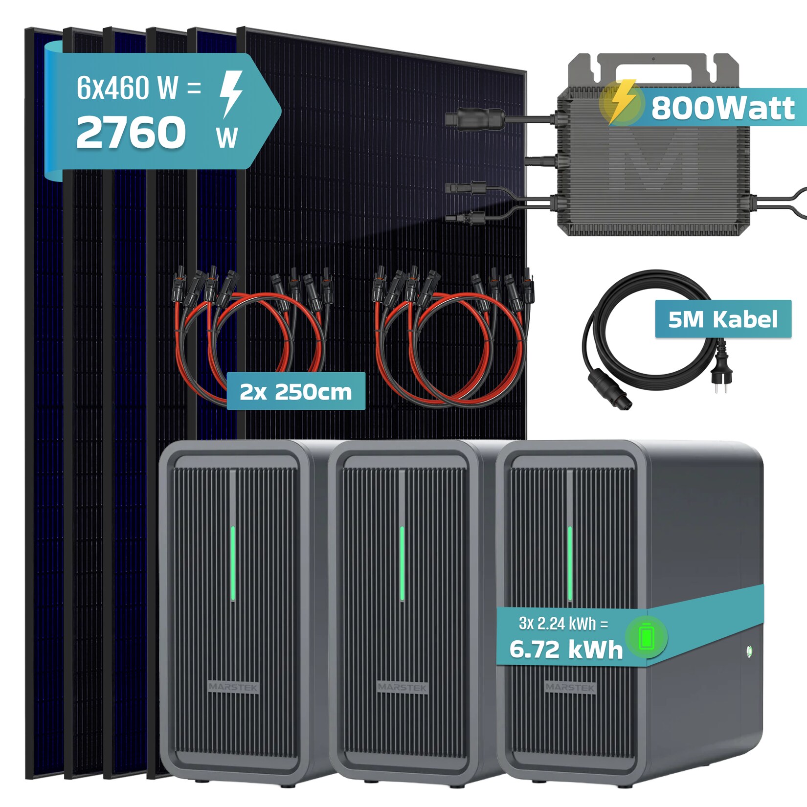 SUNNIVA® 2760W Balkonkraftwerk mit 6,72 kWh Speicher Marstek 3x B2500-D, BIFAZIAL FULLBLACK komplett Steckdose, PV Solaranlage Komplettset mit Solarspeicher, 6x 460W N-Type Glas-Glas Bifacial Module | 04255656238437