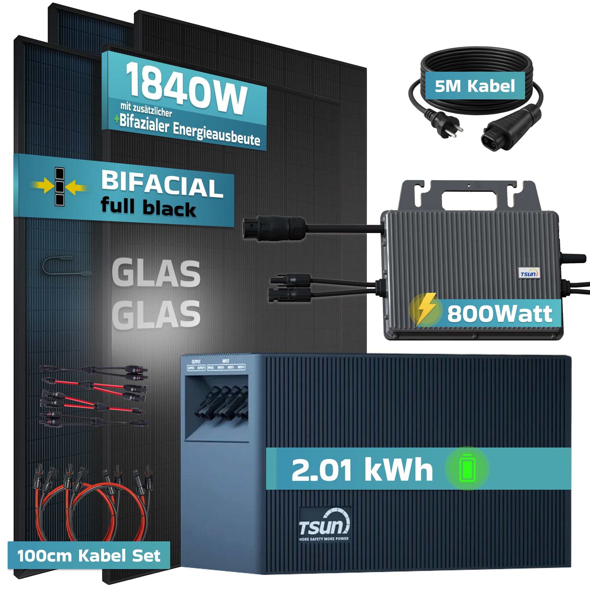 SUNNIVA&reg; 1840W Balkonkraftwerk mit 2,01 kWh Speicher TSUN SOLARCAN TSOL-DCU2000Lite, BIFAZIAL FULLBLACK komplett Steckdose, PV Solaranlage Komplettset mit Solarspeicher, 4x 460W Glas-Glas Bifacial - Bild 1