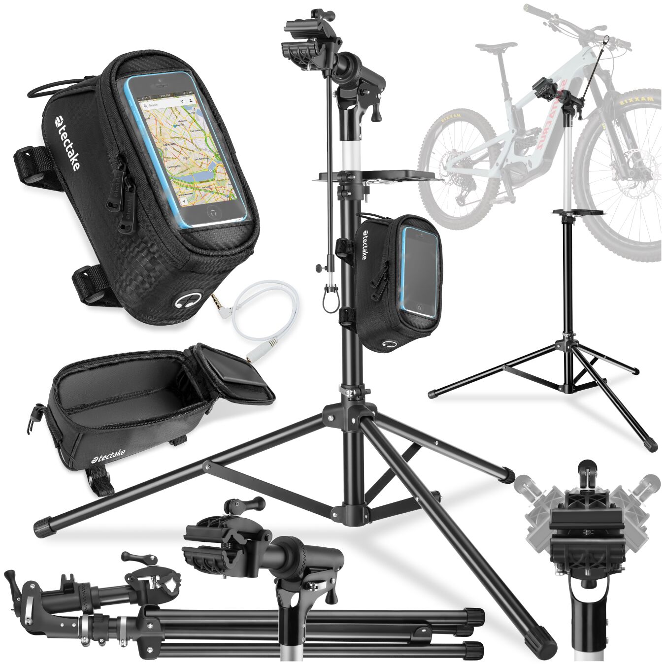 tectake&reg; Set Fahrradmontagest&auml;nder Jan und Rahmentasche, Montagest&auml;nder mit 50 kg Belastbarkeit, klappbar mit Schnellverschl&uuml;ssen, stufenlos h&ouml;henverstellbar und 360&deg; drehbar, wasserabweisende Rahmentasche mit Klettverschluss sowie Handyfach mit - Bild 1