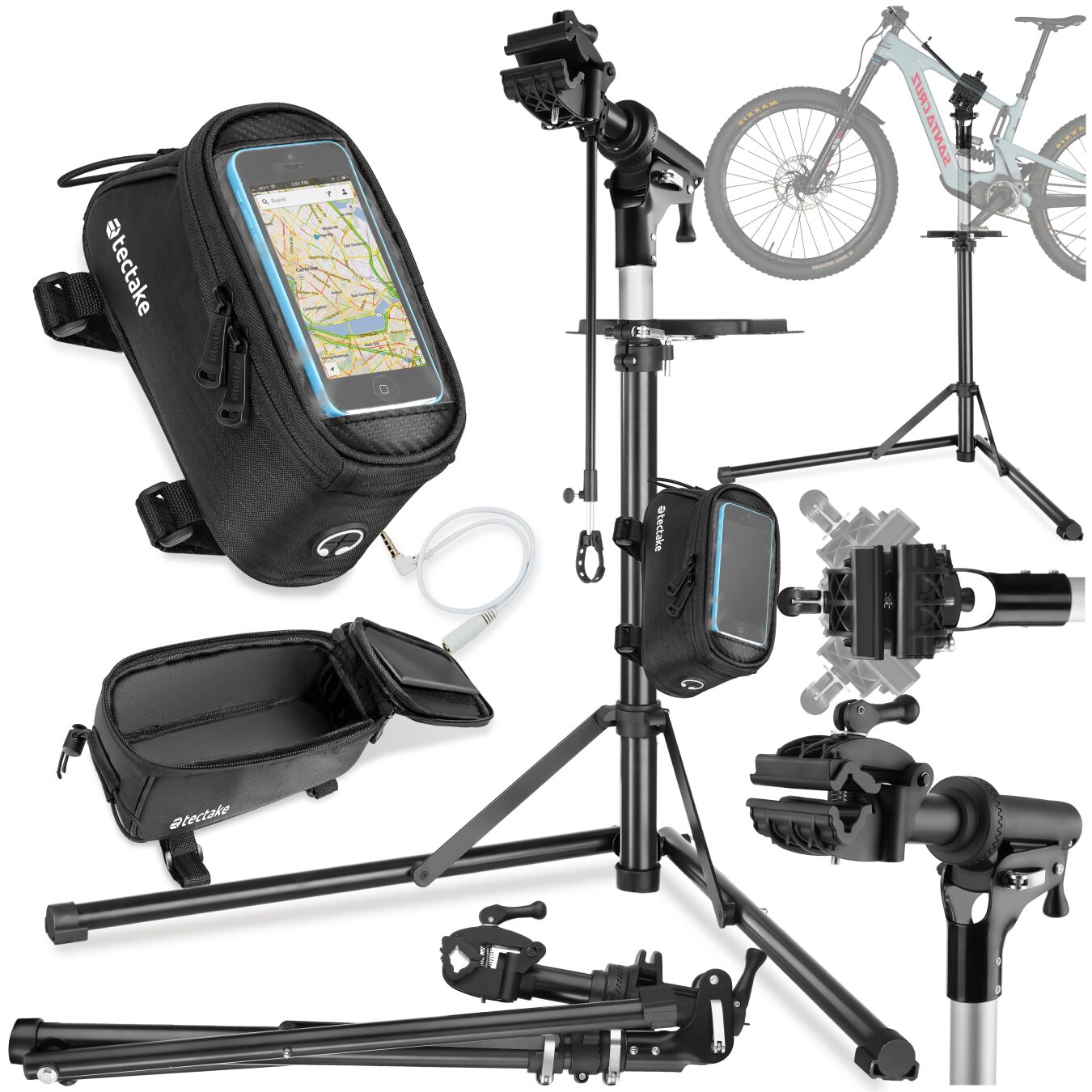tectake&reg; Set Fahrradmontagest&auml;nder Jan und Rahmentasche, Montagest&auml;nder mit 50 kg Belastbarkeit, klappbar mit Schnellverschl&uuml;ssen, stufenlos h&ouml;henverstellbar und 360&deg; drehbar, wasserabweisende Rahmentasche mit Klettverschluss sowie Handyfach mit - Bild 1