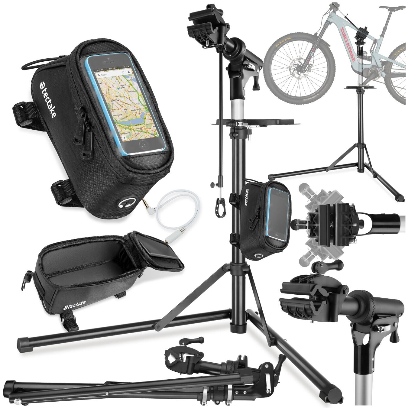tectake® Set Fahrradmontageständer Jan und Rahmentasche, Montageständer mit 50 kg Belastbarkeit, klappbar mit Schnellverschlüssen, stufenlos höhenverstellbar und 360° drehbar, wasserabweisende Rahmentasche mit Klettverschluss sowie Handyfach mit