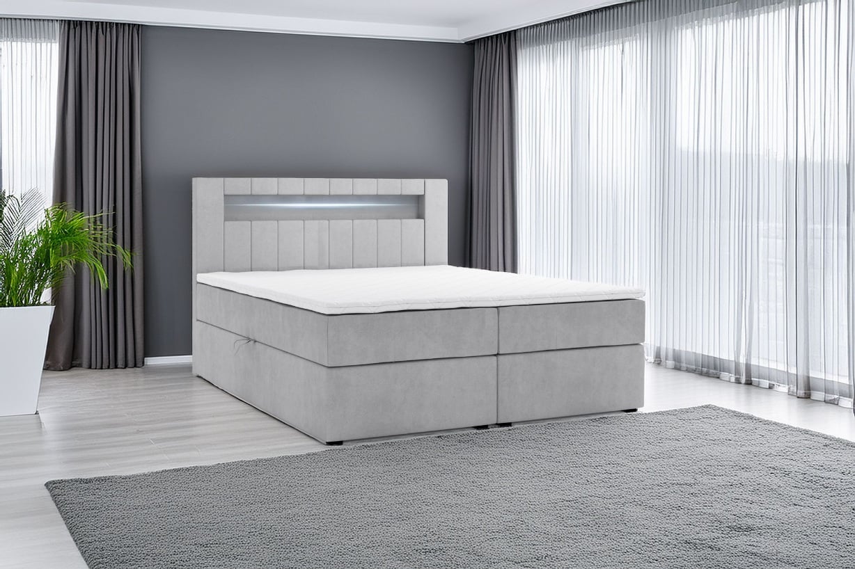 M-Punkt Boxspringbett KUBA mit Bettkasten Visco Topper LED 160 x 200 cm Webstoff Grau Bett Bettkasten Topper - Bild 1