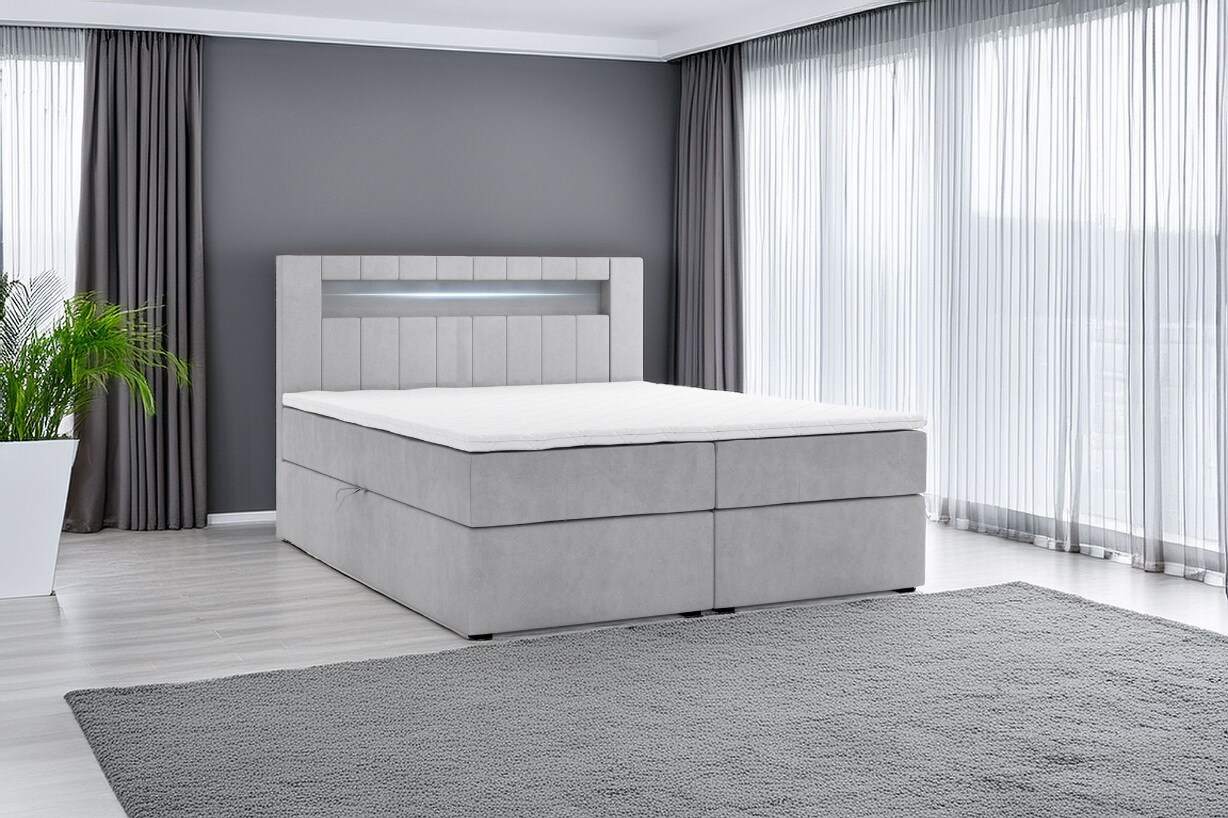 M-Punkt Boxspringbett KUBA mit Bettkasten Visco Topper LED 200 x 200 cm Samtstoff Grau Bett Bettkasten Topper | 04262413693088