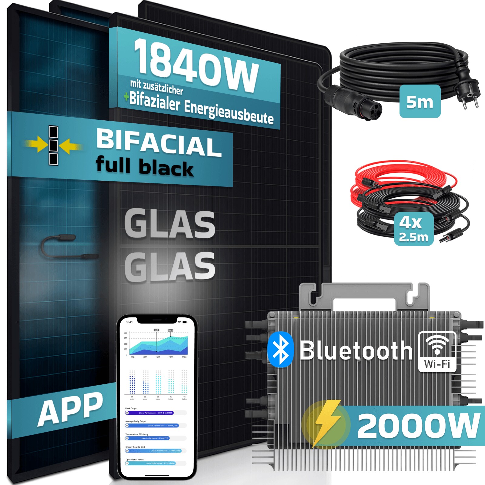 SUNNIVA&reg; 1840W Balkonkraftwerk BIFAZIAL FULLBLACK komplett Steckdose DEYE 2000 Watt Wechselrichter, Solaranlage Komplettset, 4x 460W N-Type Glas-Glas Bifacial Solarmodule, 5m Kabel, 4x 2.5m Solarkabel - Bild 1