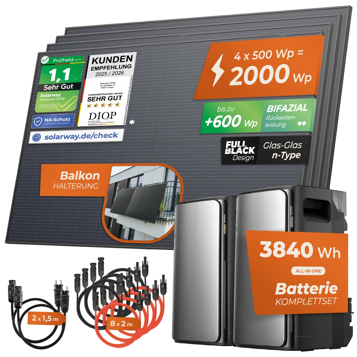 EcoFlow 2x MAX Solarway&reg; Balkonkraftwerk 2000 Wp / 800 W mit 3,8 kWh Speicher &ndash; Komplettset Steckdose &ndash; 2&times; EcoFlow STREAM Max (je 1,92 kWh) &ndash; 4&times; 500 W Solarmodule &ndash; Integrierter Wechselrichter & Speicher &ndash; Plug & Play Solaranlage inkl. Zubeh&ouml;r - Bild 1