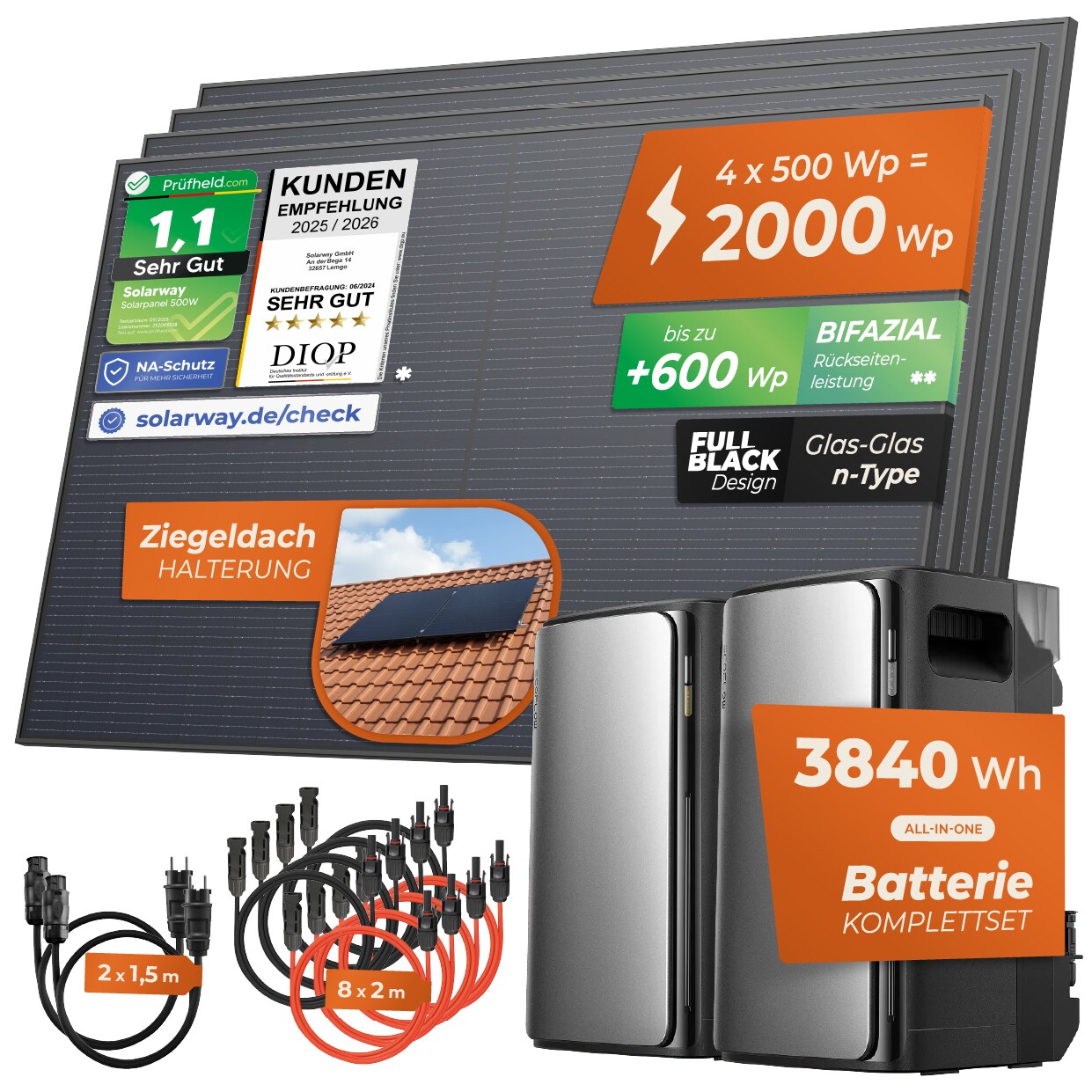 EcoFlow 2x MAX Solarway&reg; Balkonkraftwerk 2000 Wp / 800 W mit 3,8 kWh Speicher &ndash; Komplettset Steckdose &ndash; 2&times; EcoFlow STREAM Max (je 1,92 kWh) &ndash; 4&times; 500 W Solarmodule &ndash; Integrierter Wechselrichter & Speicher &ndash; Plug & Play Solaranlage inkl. Zubeh&ouml;r - Bild 1