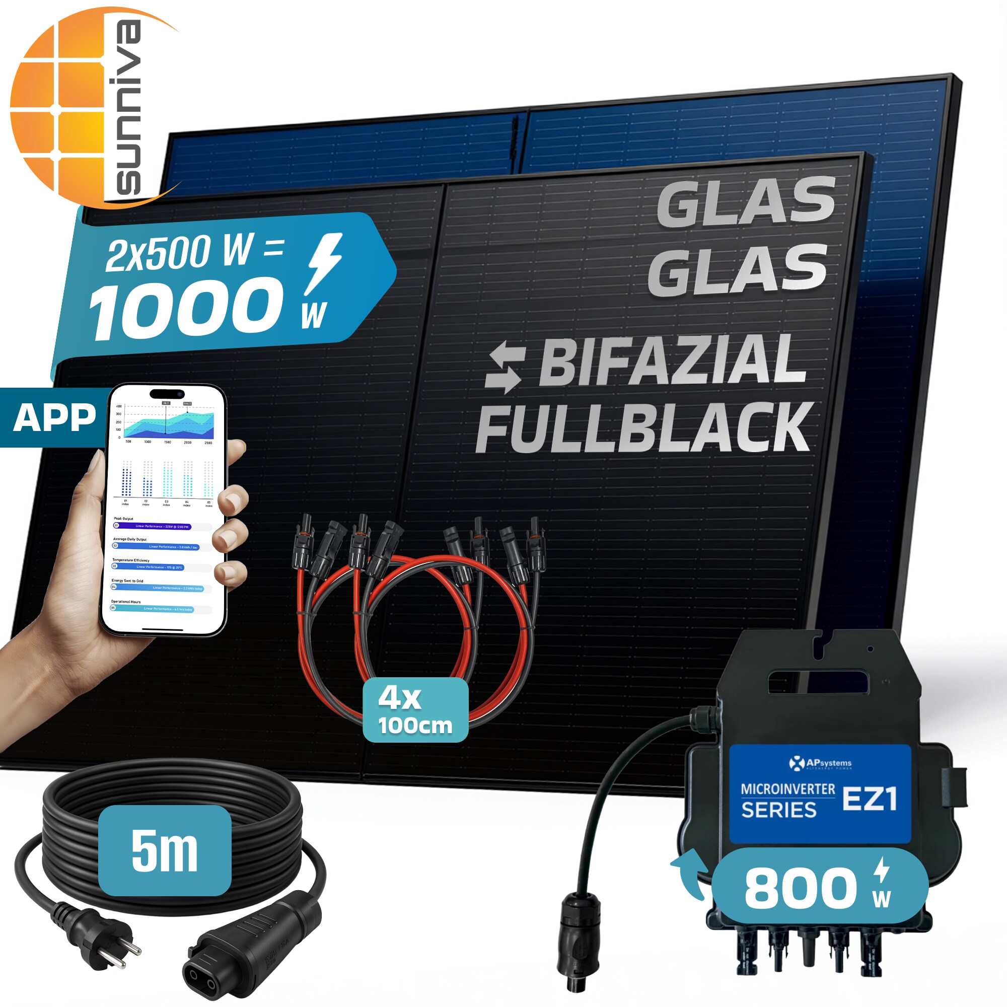 SUNNIVA&reg; 1000W Balkonkraftwerk BIFAZIAL FULLBLACK komplett Steckdose AP Systems EZ1-M 800 Watt Wechselrichter, Solaranlage Komplettset, 2x500W Glas-Glas Bifacial Solarmodule, 5m Kabel, 4x1m Solarkabel - Bild 1