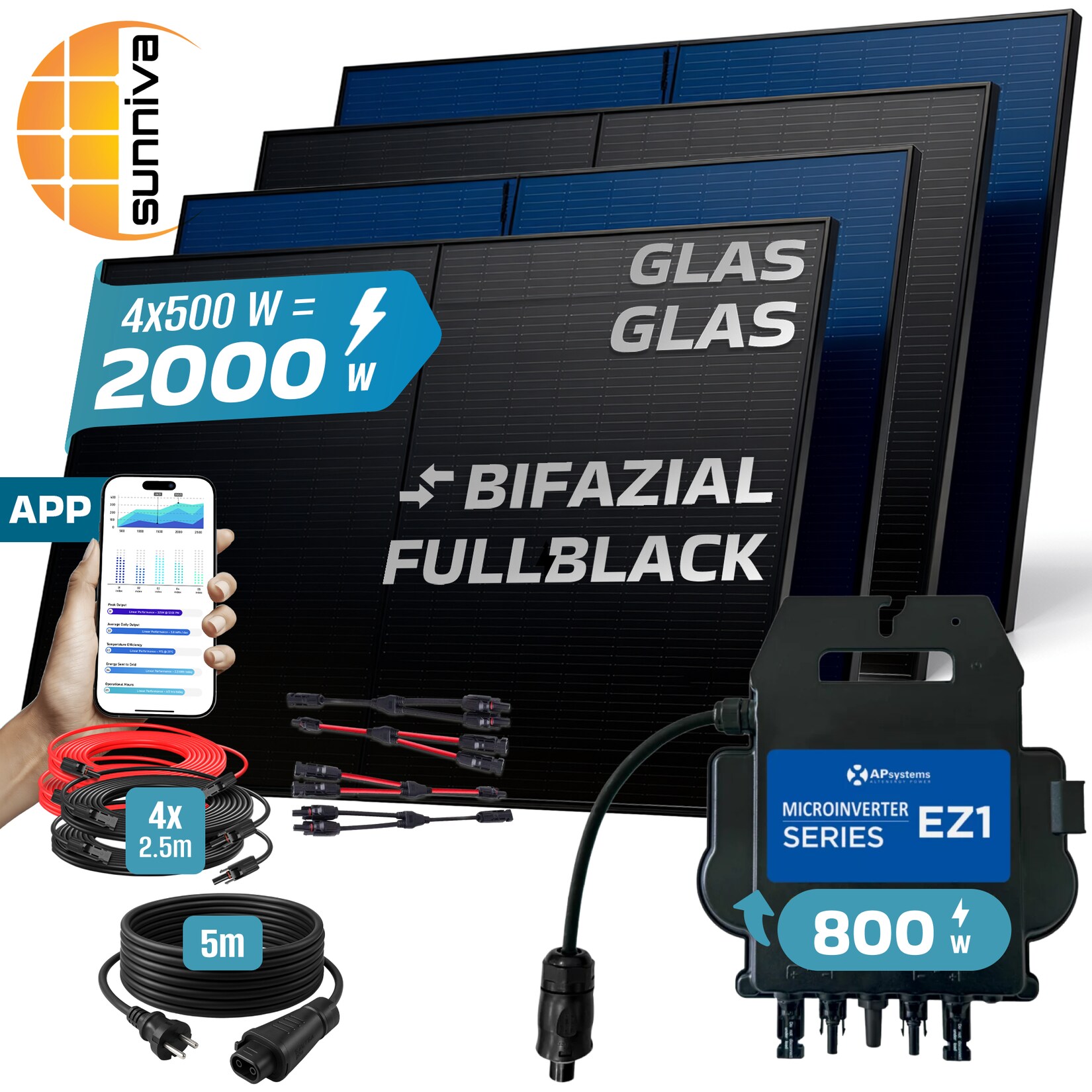 SUNNIVA® 2000W Balkonkraftwerk BIFAZIAL FULLBLACK komplett Steckdose AP Systems EZ1-M 800W Wechselrichter, Solaranlage Komplettset,4x 500W N Glas-Glas Bifacial Solarmodule,5m Kabel,4x 2.5m Solarkabel | 04255656238581