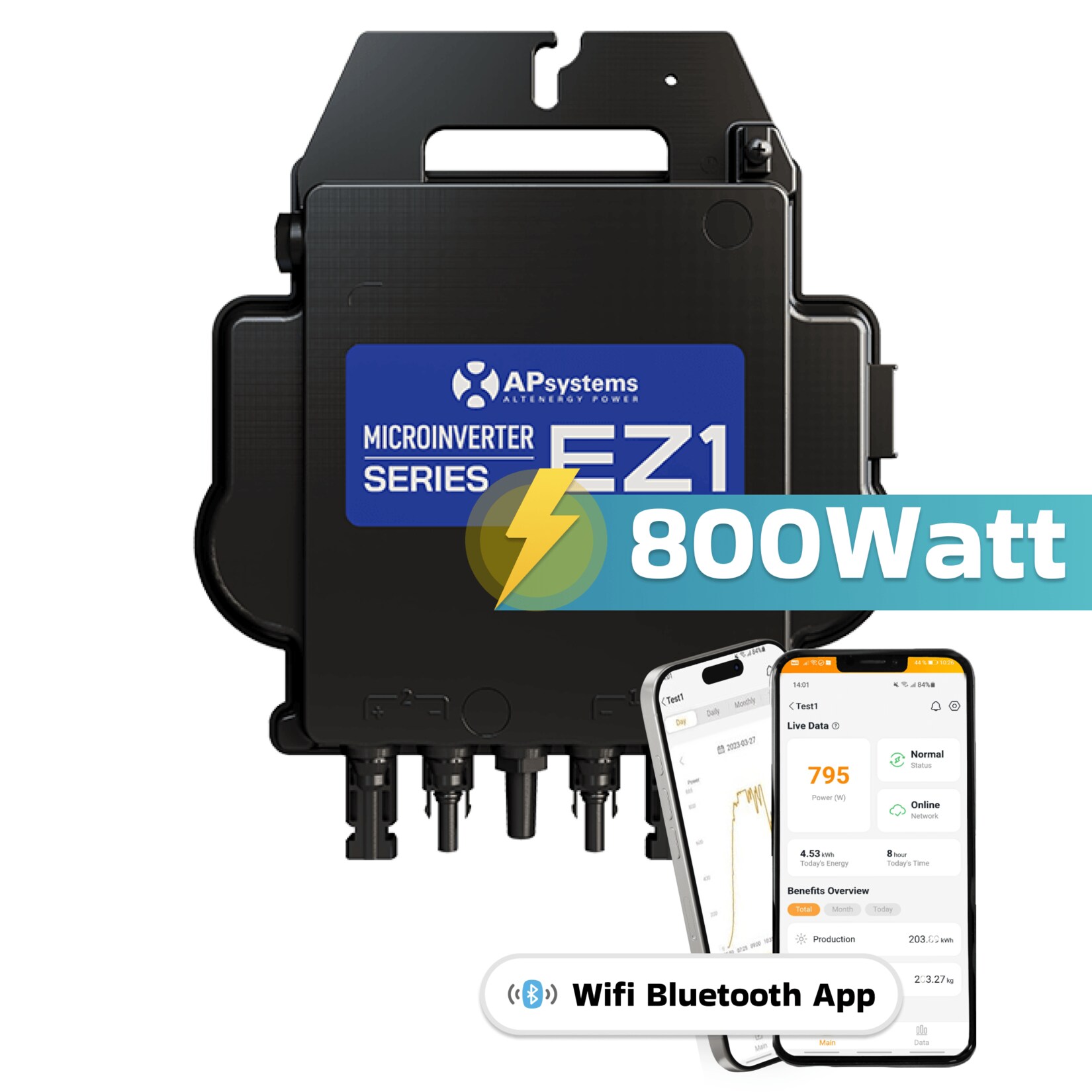 AP Systems Mikro-Wechselrichter 800 W EZ1-M-EU für Balkonkraftwerk, IP67 wetterfest, Plug-&-Play Installation, 2 MPPT, Bluetooth & WIFI, Micro Inverter | 04255656238604