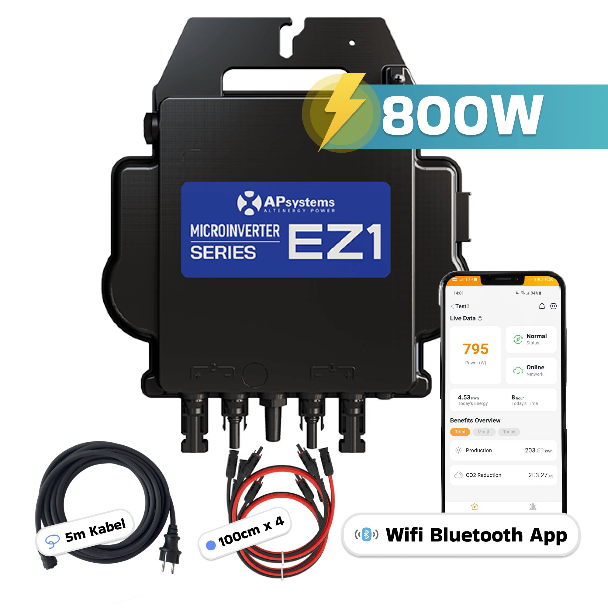 AP Systems Mikro-Wechselrichter 800 W EZ1-M-EU f&uuml;r Balkonkraftwerk, IP67 wetterfest, Plug&Play Installation, 2 MPPT, Bluetooth & WIFI, inkl.5m Anschlusskabel & 4x1m Solar-Verl&auml;ngerungen Micro Inverter - Bild 1