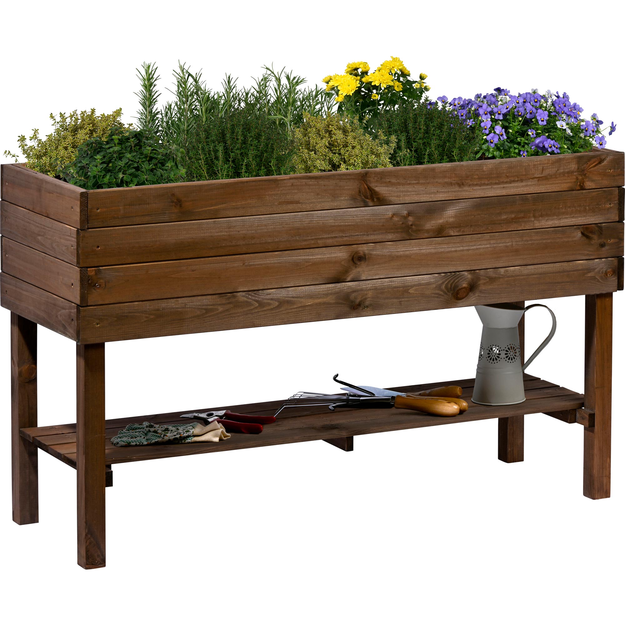 dobar Hochbeet mit Ablagefl&auml;che, Pflanzkasten inkl. Pflanzfolie, 117 x 40 x 70,5 cm, Kiefer, Braun - Bild 1
