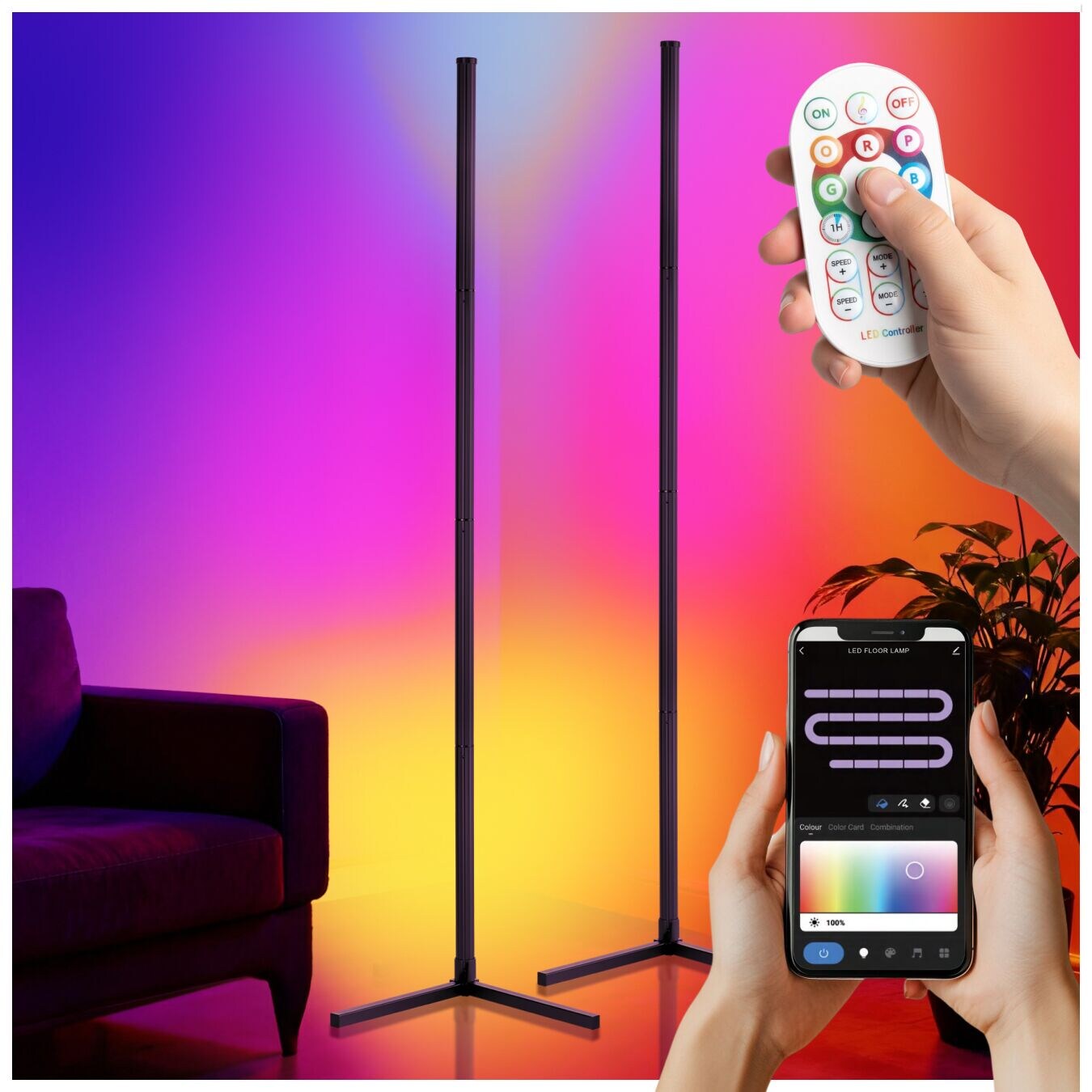 tectake® LED-Stehlampe, 16 Millionen Farben, über 200 Lichteffekte, Inklusive Fernbedienung, 4-fach höhenverstellbar, Innovativer Musik-Aktivierungsmodus | 04061173335890