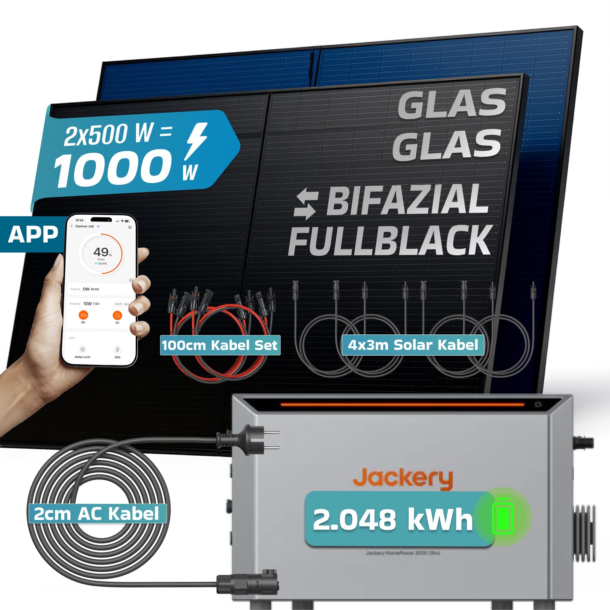 SUNNIVA&reg; 1000W Balkonkraftwerk mit 2,048 kWh Speicher Jackery HomePower 2000 Ultra, BIFAZIAL FULLBLACK komplett Steckdose, PV Solaranlage Komplettset mit Solarspeicher, 2x 500W N-Type Glas-Glas BIFA - Bild 1