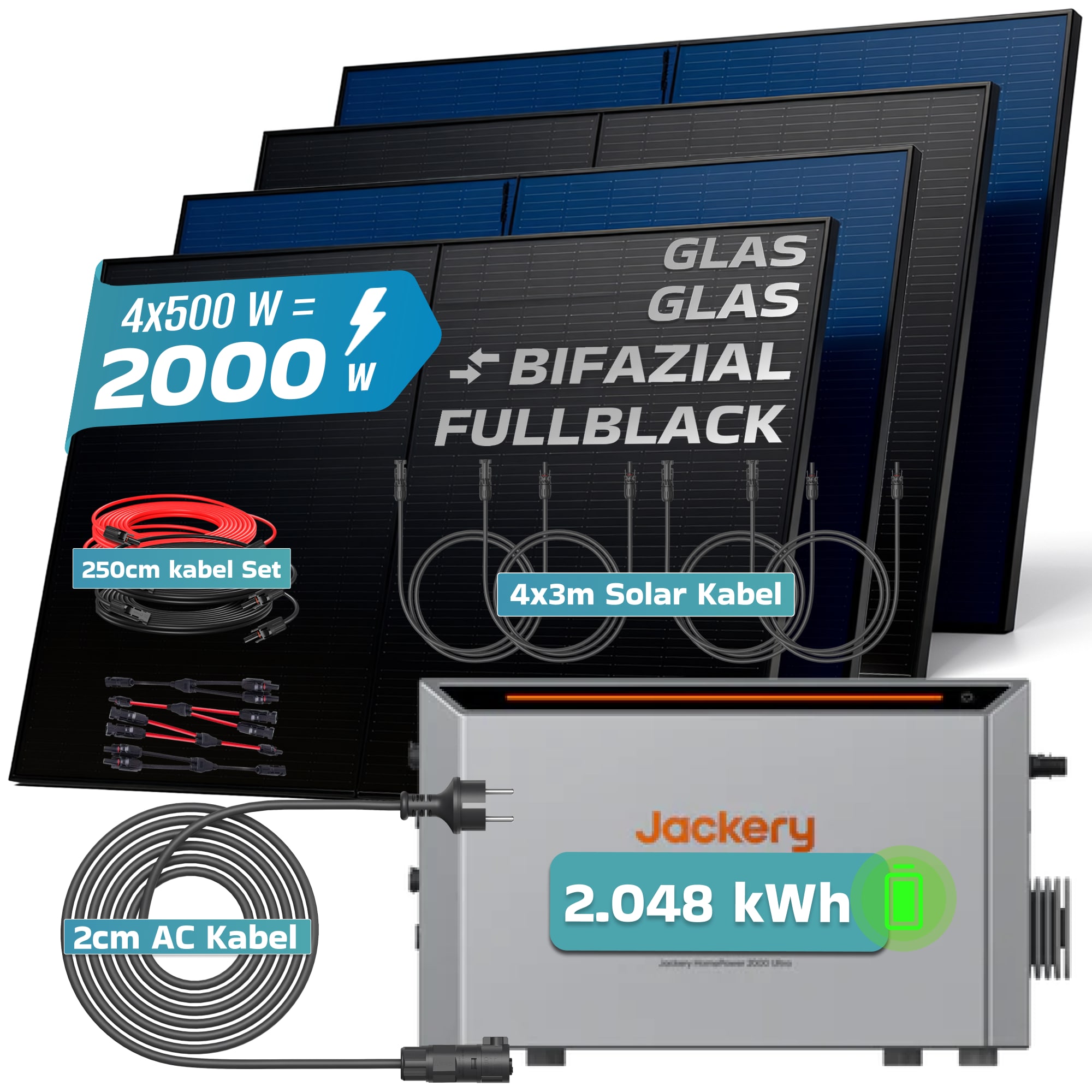 SUNNIVA&reg; 2000W Balkonkraftwerk mit 2,048 kWh Speicher Jackery HomePower 2000 Ultra, BIFAZIAL FULLBLACK komplett Steckdose, PV Solaranlage Komplettset mit Solarspeicher, 4x 500W N-Type Glas-Glas BIFA - Bild 1