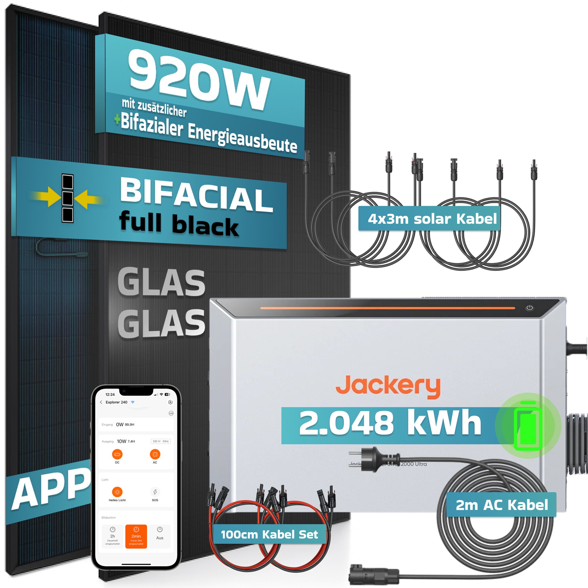 SUNNIVA&reg; 920W Balkonkraftwerk mit 2,048 kWh Speicher Jackery HomePower 2000 Ultra, BIFAZIAL FULLBLACK komplett Steckdose, PV Solaranlage Komplettset mit Solarspeicher, 2x 460W N-Type Glas-Glas BIFA - Bild 1