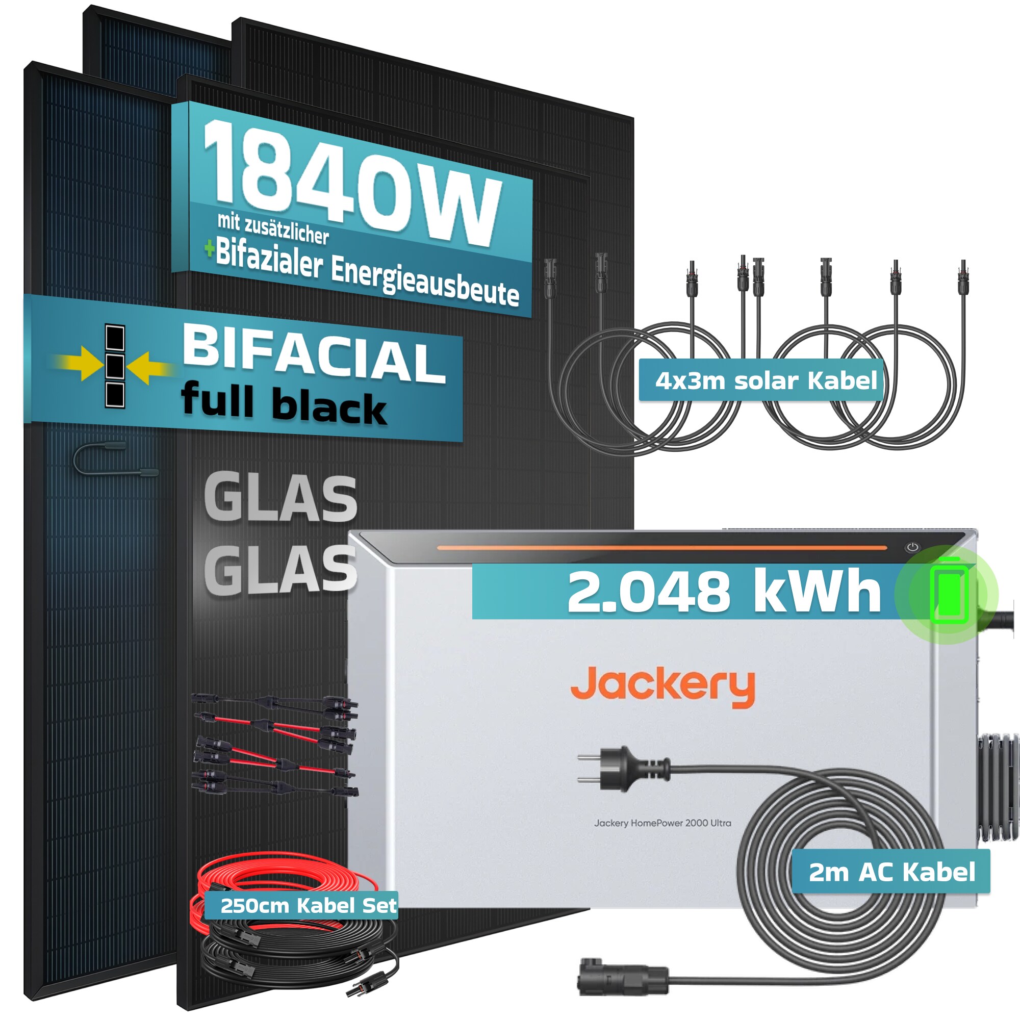 SUNNIVA&reg; 1840W Balkonkraftwerk mit 2,048 kWh Speicher Jackery HomePower 2000 Ultra, BIFAZIAL FULLBLACK komplett Steckdose, PV Solaranlage Komplettset mit Solarspeicher, 4x 460W N-Type Glas-Glas BIFA - Bild 1